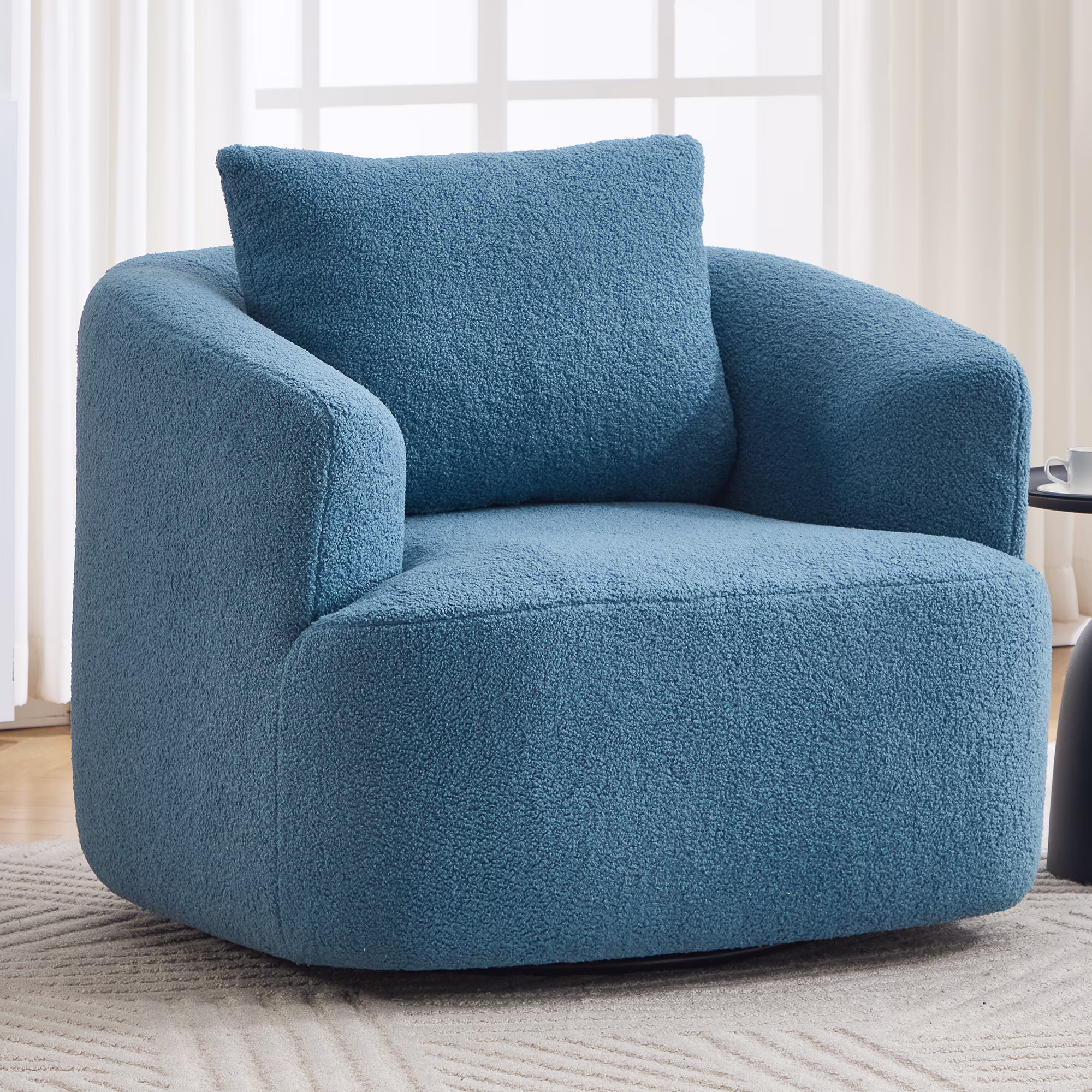 Leumius Swivel Accent Chair,360° Round Upholstered Armchair with One Soft Pillow,Teddy Fleece High-Resilience Sponge Single Sofa for Living Room, Bedroom, Apartment,No Assembly,White