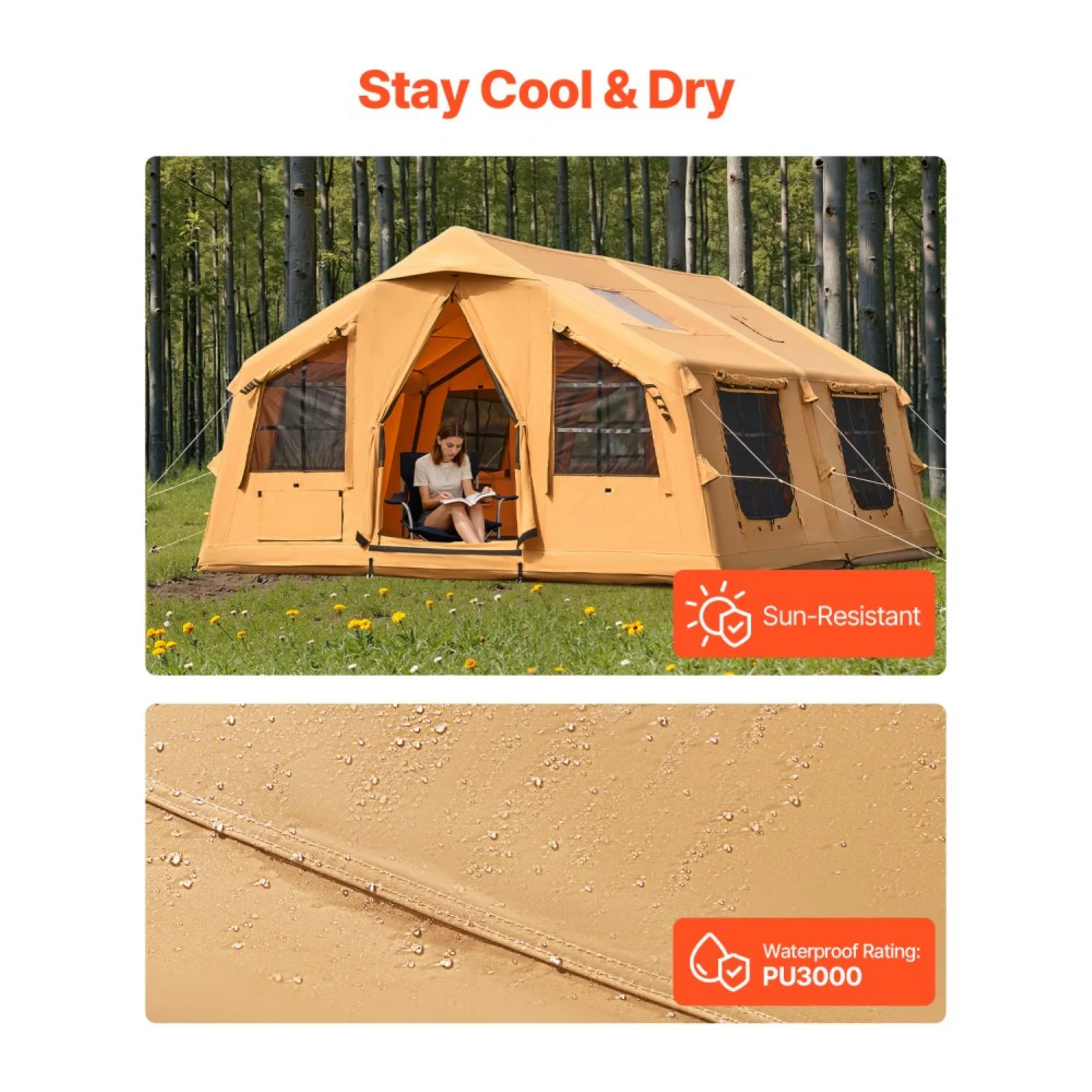 Inflatable Tents for Camping, 8-12 Person Easy Setup Blow up Tent with Hand Pump, 4 Season Luxury Glamping Tent with 2 Skylights, Canopy, Stove Jack, 2 Doors & Mesh Windows (Include Storage Bag)