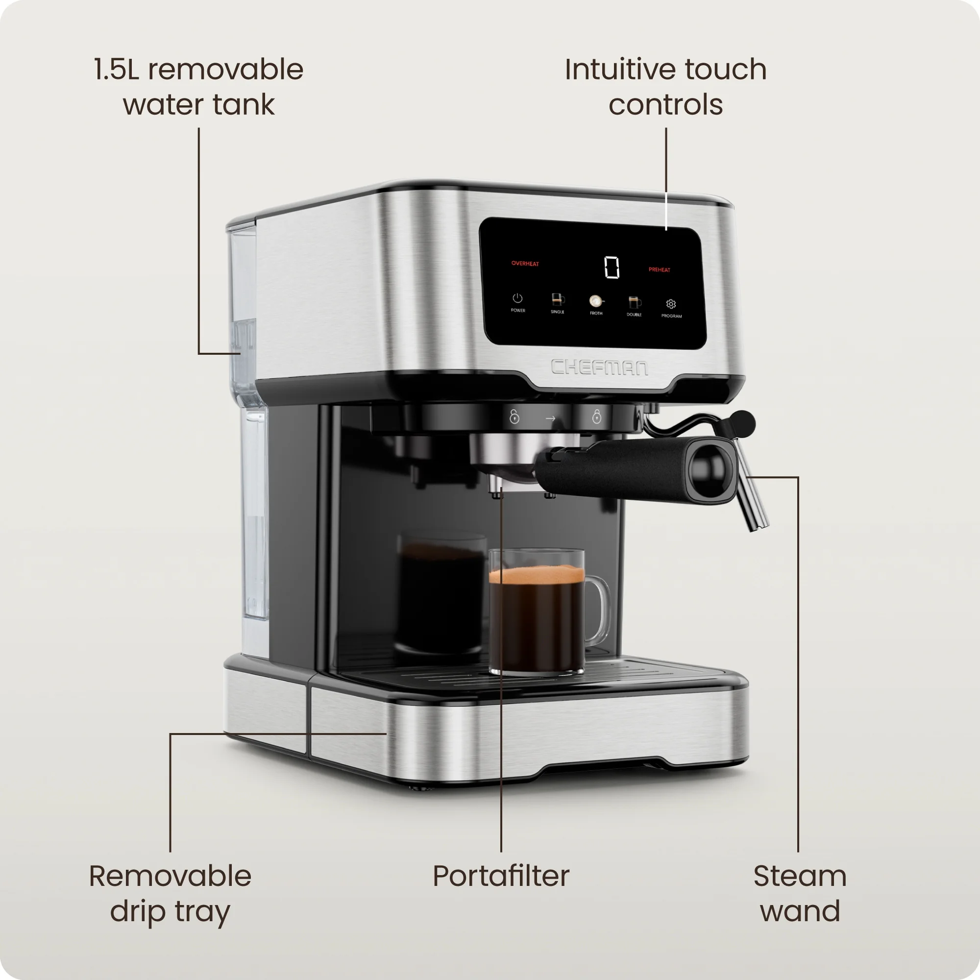 Chefman CraftBrew Espresso Machine w/ Steam Wand and Touch Controls C Stainless Steel