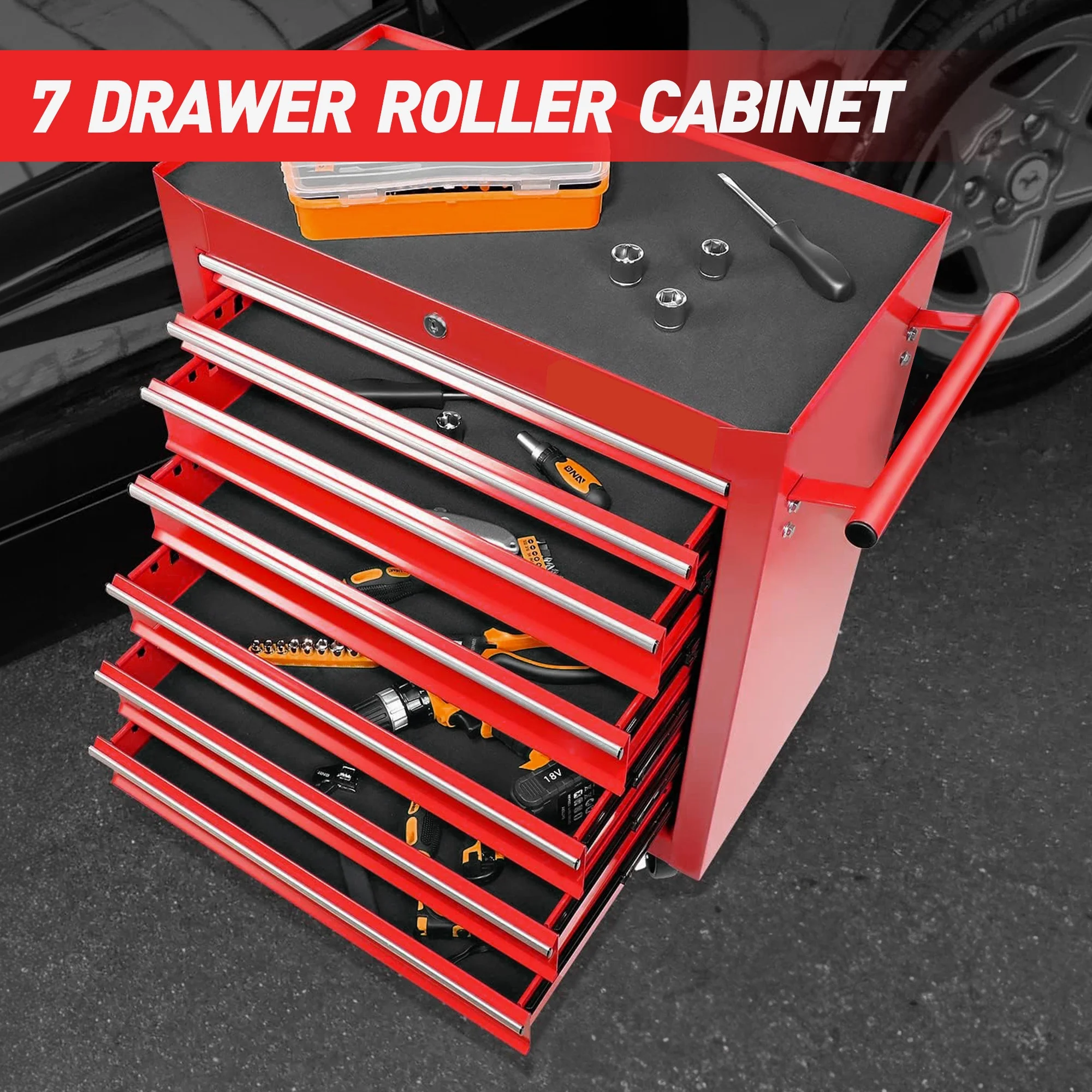 Seizeen Rolling Tool Chest on Wheels, Metal Tool Cart Toolbox Storage Cabinet Organizer W/ 7 Drawers, Red