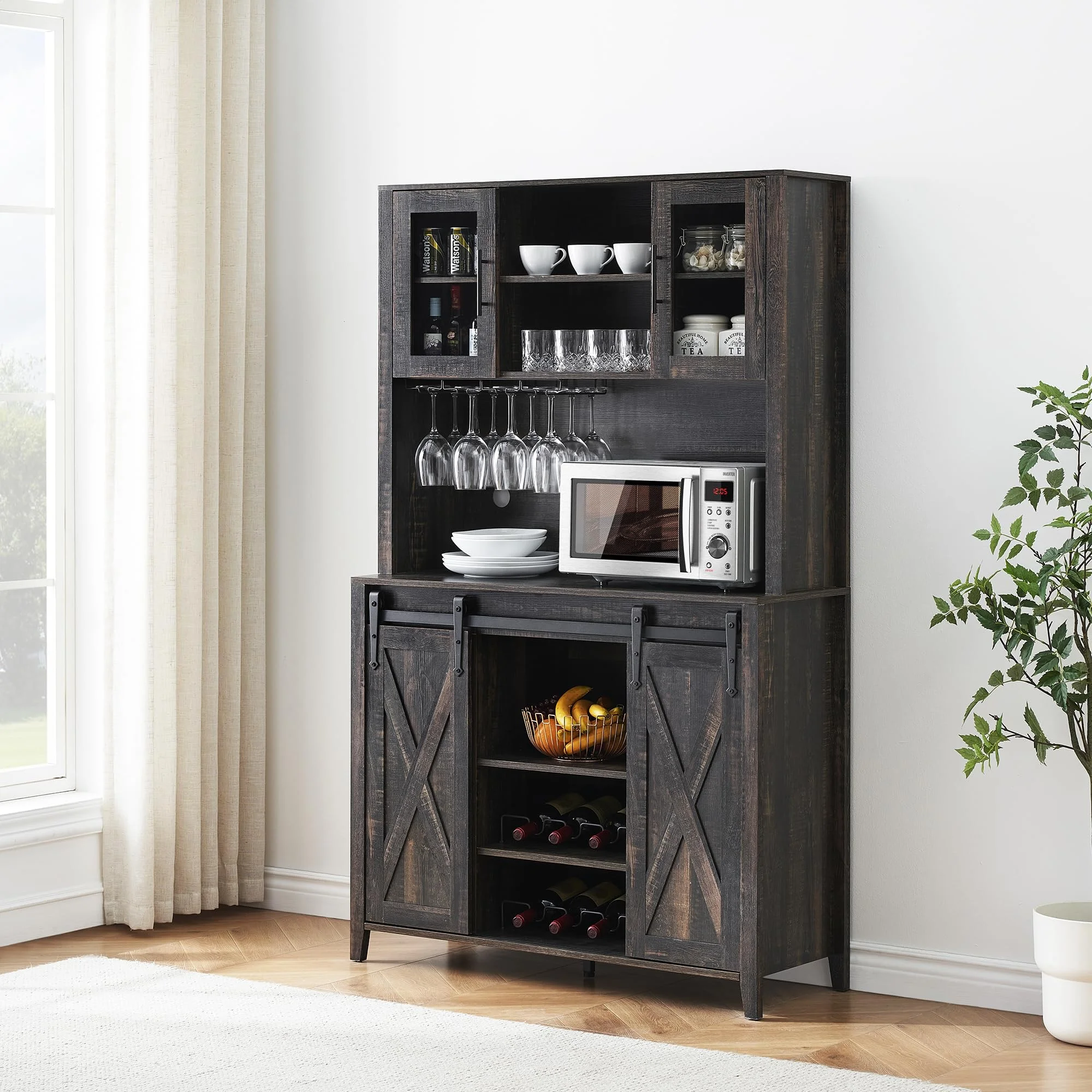 Faitaliicy Tall Farmhouse Bar Cabinet With Sliding Barn Door Rustic Buffet Cabinet Large Kitchen Buffet Liquor Cabinet With Wine And Glasses Rack Coffee Bar Sideboard Table For Kitchen Dining Room