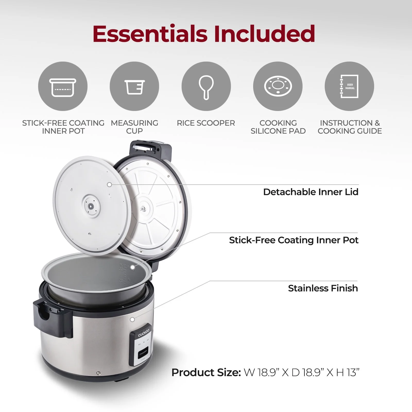 Cuckoo Stainless Steel Rice Cooker 60 Cups Cooked Warmer with Nonstick Pot Easy Switch Start Silver/Black (CR-3032)