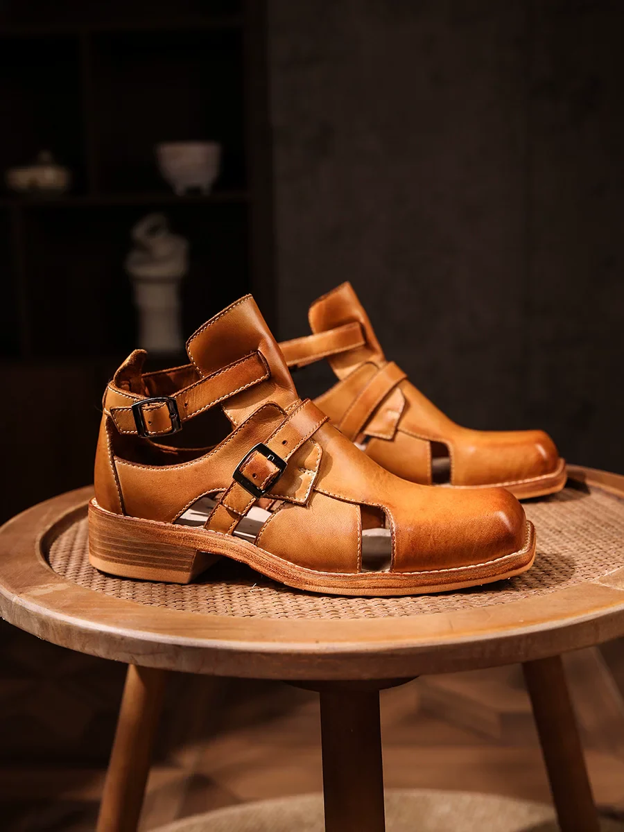 Hand-washed tire cowhide high-top sandals
