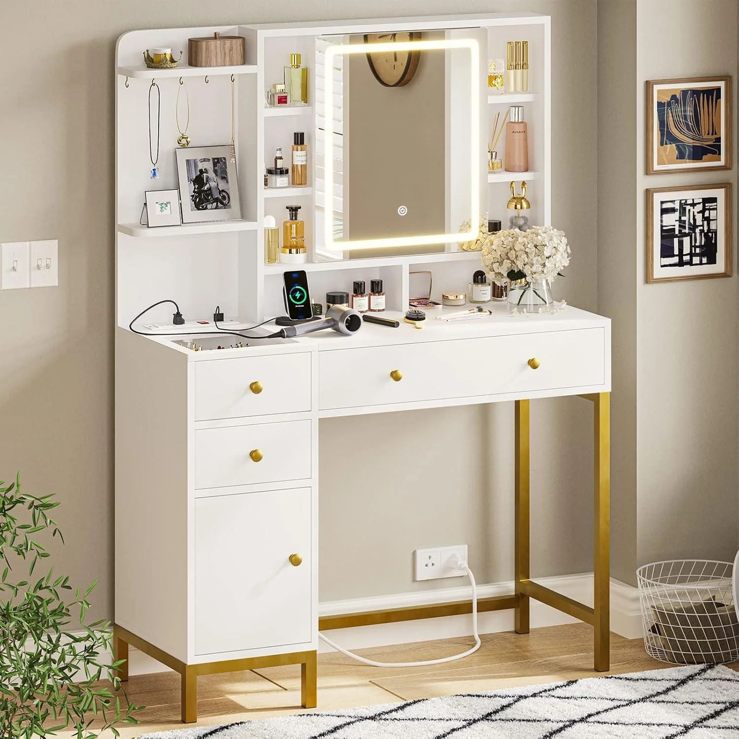 AOGLLATI Makeup Vanity with Lights in 3 Colors, White Vanity Desk with Mirror and Lights, Vanity Table with Charging Station, Makeup Desk with Visible Drawers, Hidden and Open Storage Shelves