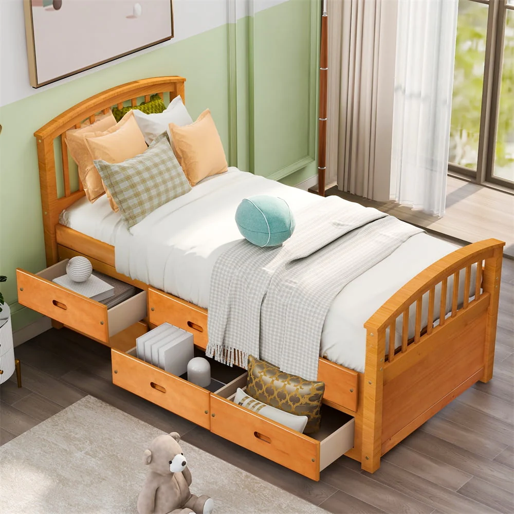 Twin Size Platform Bed with 6 Storage Drawers, Solid Wood Platform Bed Frame with Headboard and Footboard, Heavy Duty Daybed Captain’s Bed for Boys Girls Wood Slats Support, No Box Spring Need, Oak