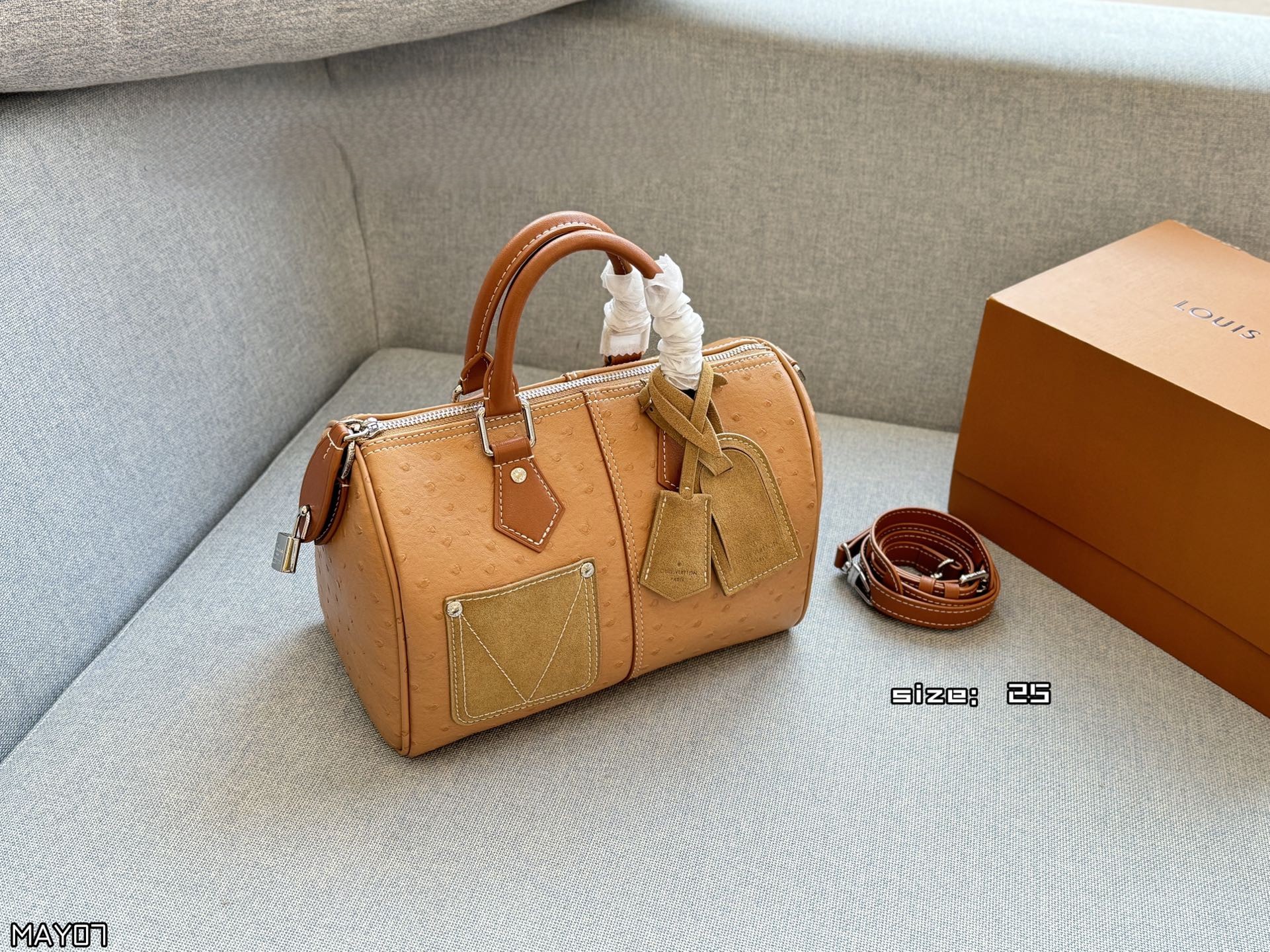 LV Speedy 25 Ostrich Leather Suede Patch Pocket Boston Top Handle Bag