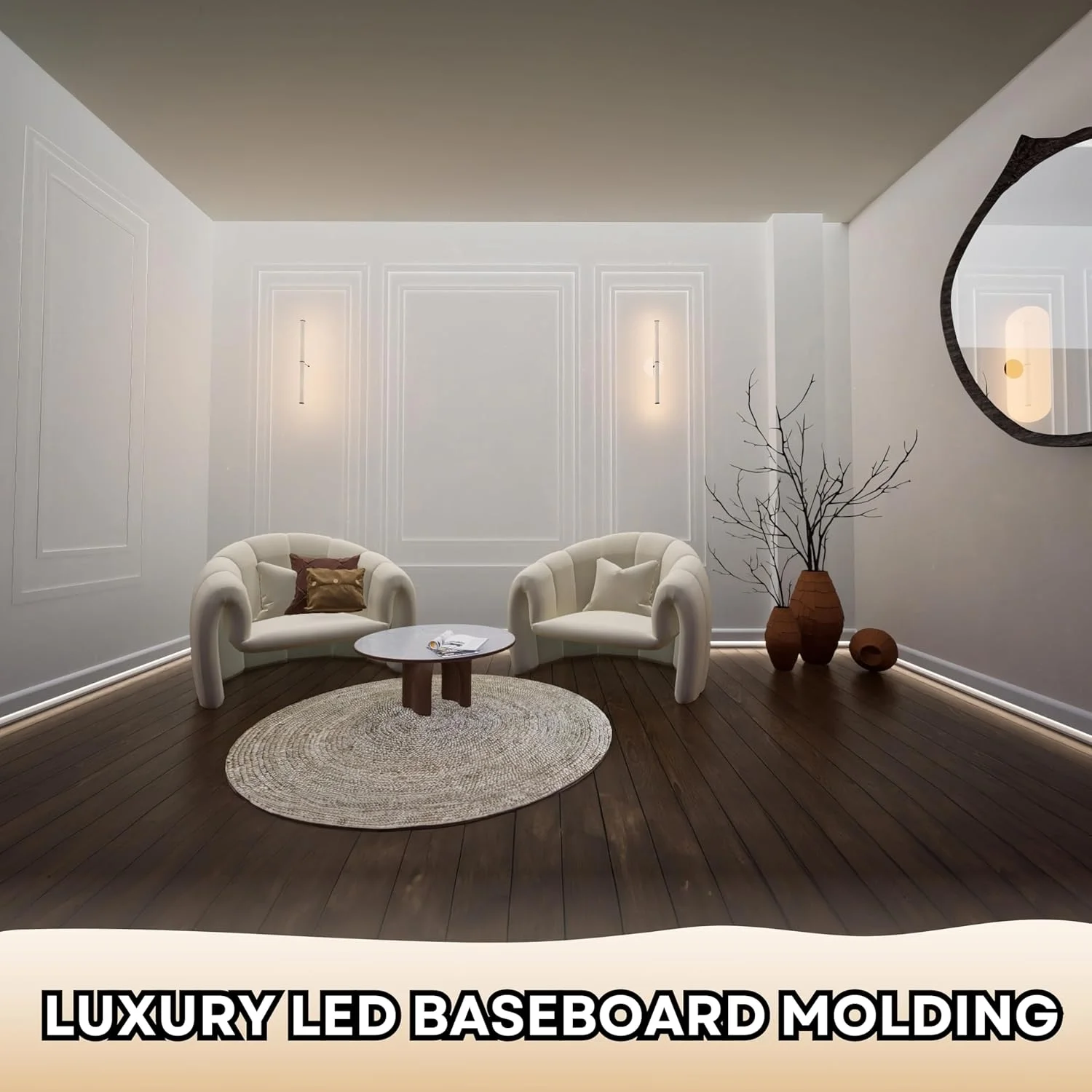 TUALCA 7-Piece 94.5 (55.12 ft) LED Baseboard Molding with Duct Kit for Seamless Ambient Home Accent Lighting | Waterproof Channel for Easy LED Strip Installation (Baseboard MOLDING with LED Duct)