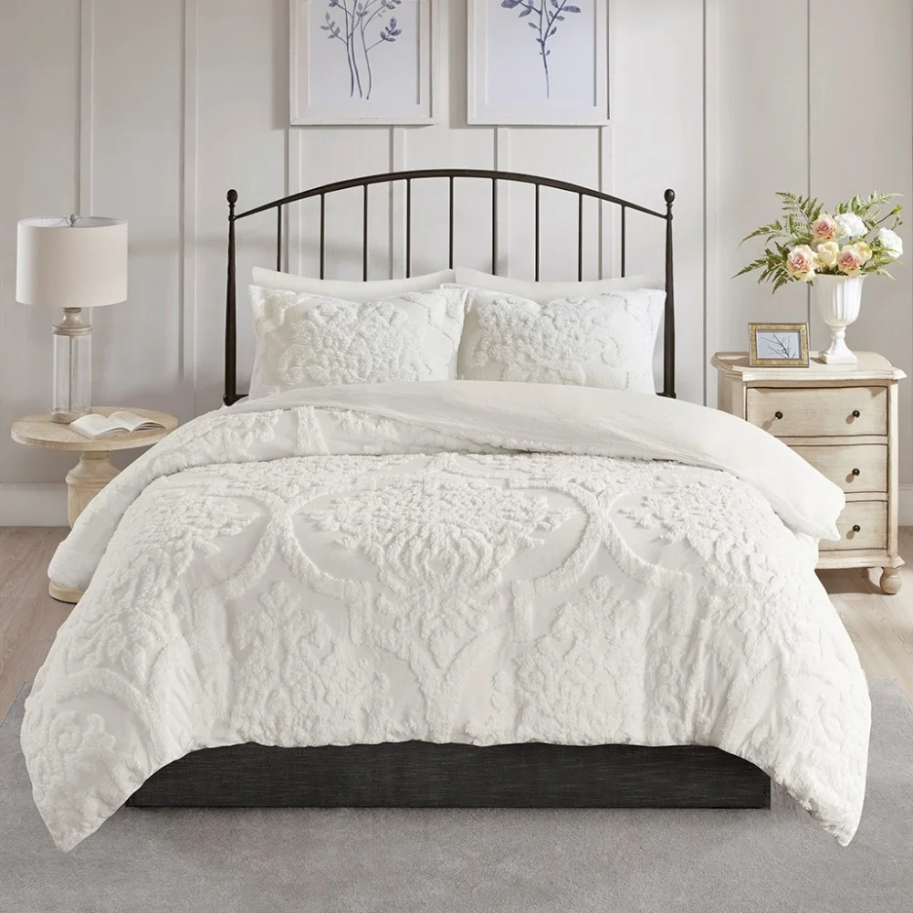 3 Piece Set Duvet Cover King Size, Soft Tufted Cotton Chenille Duvet Cover Set with 2 Pillow Shams and Corner ties, Breathable Bedding Comforter Cover for All Season, Off White