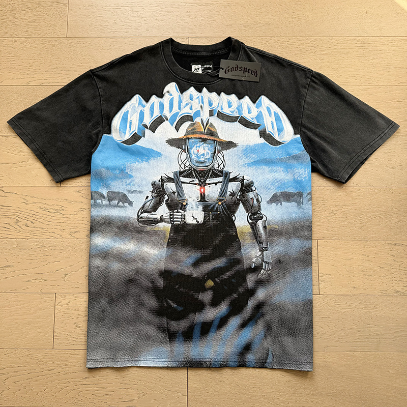 Rock street vintage washed and distressed printed pure cotton short-sleeved shirt