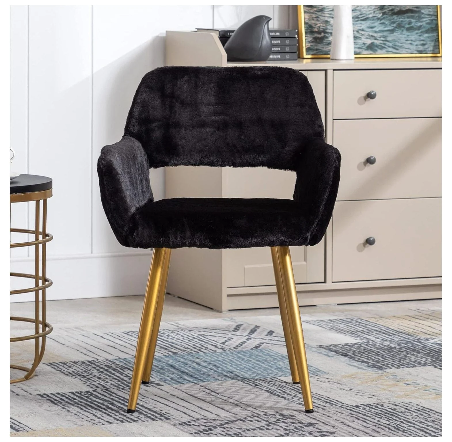 Quexis Furry Desk Chair, -Century Modern Accent Faux Fur Chair for Teen Girls, Comfy Armchair with Wood Look Metal Legs for Living Dining Room, Home Vanity Makeup Office Desk Chair No Wheel, Black