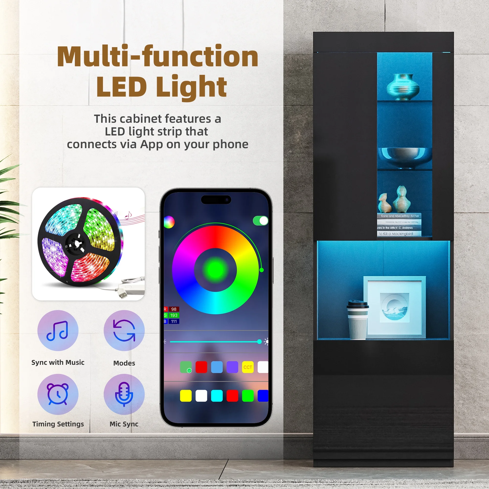 MAYEERTY High Gloss Pantry Cabinet with LED Lights: Modern Bookcase & Display Cabinet for Living Room, Black