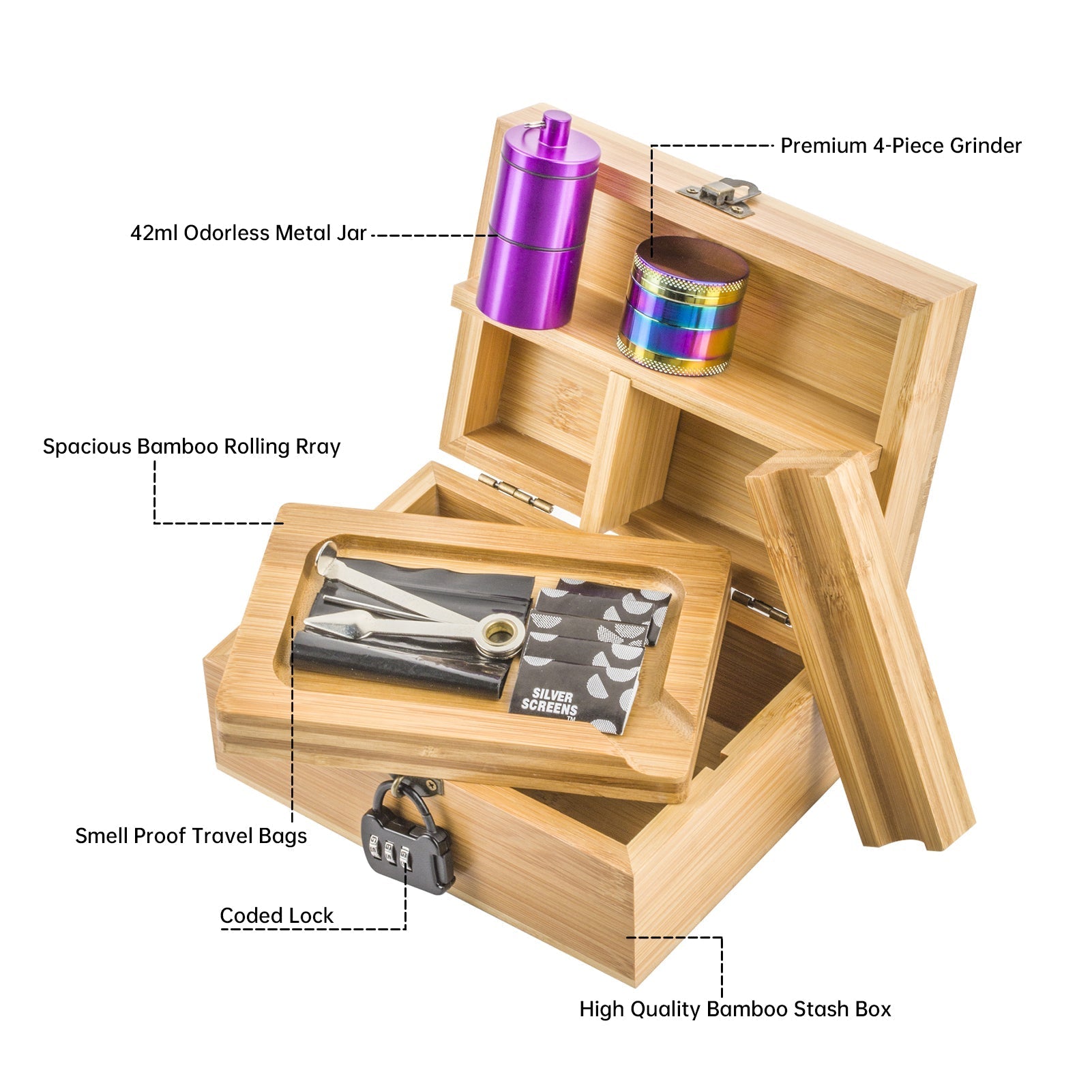 Wooden Stash Box Lock w/ Dab Rig Fumed Glass Pipe Set