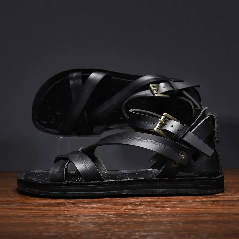 Handmade retro vegetable tanned cowhide woven hollow sandals