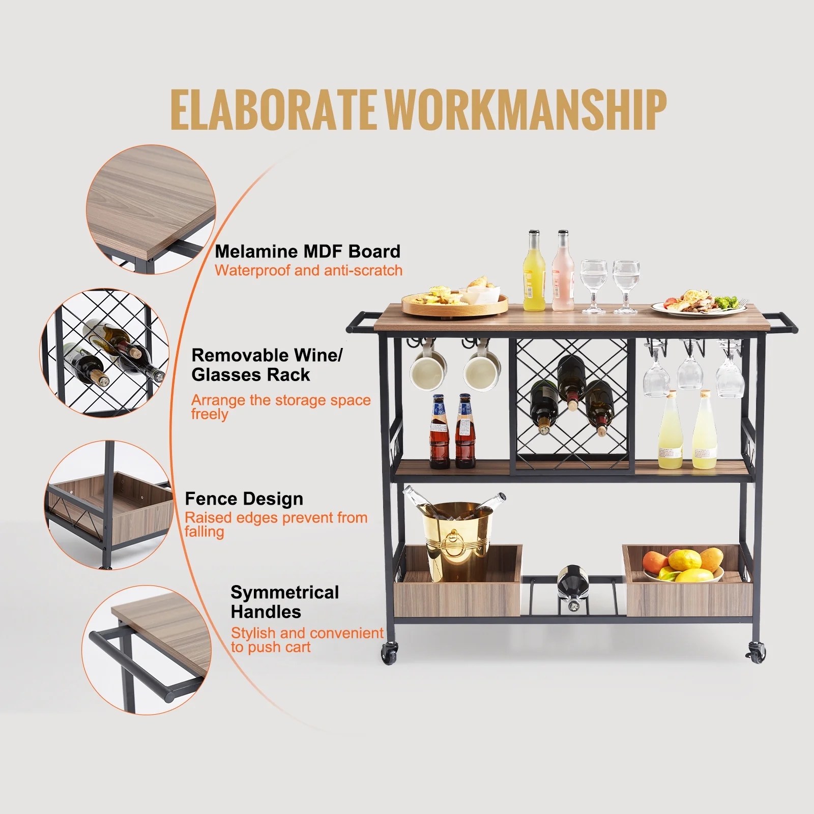 KFFKFF with Wine Grid Glass Holder 300lbs 3-Tier Bar Serving Cart Rolling Trolley