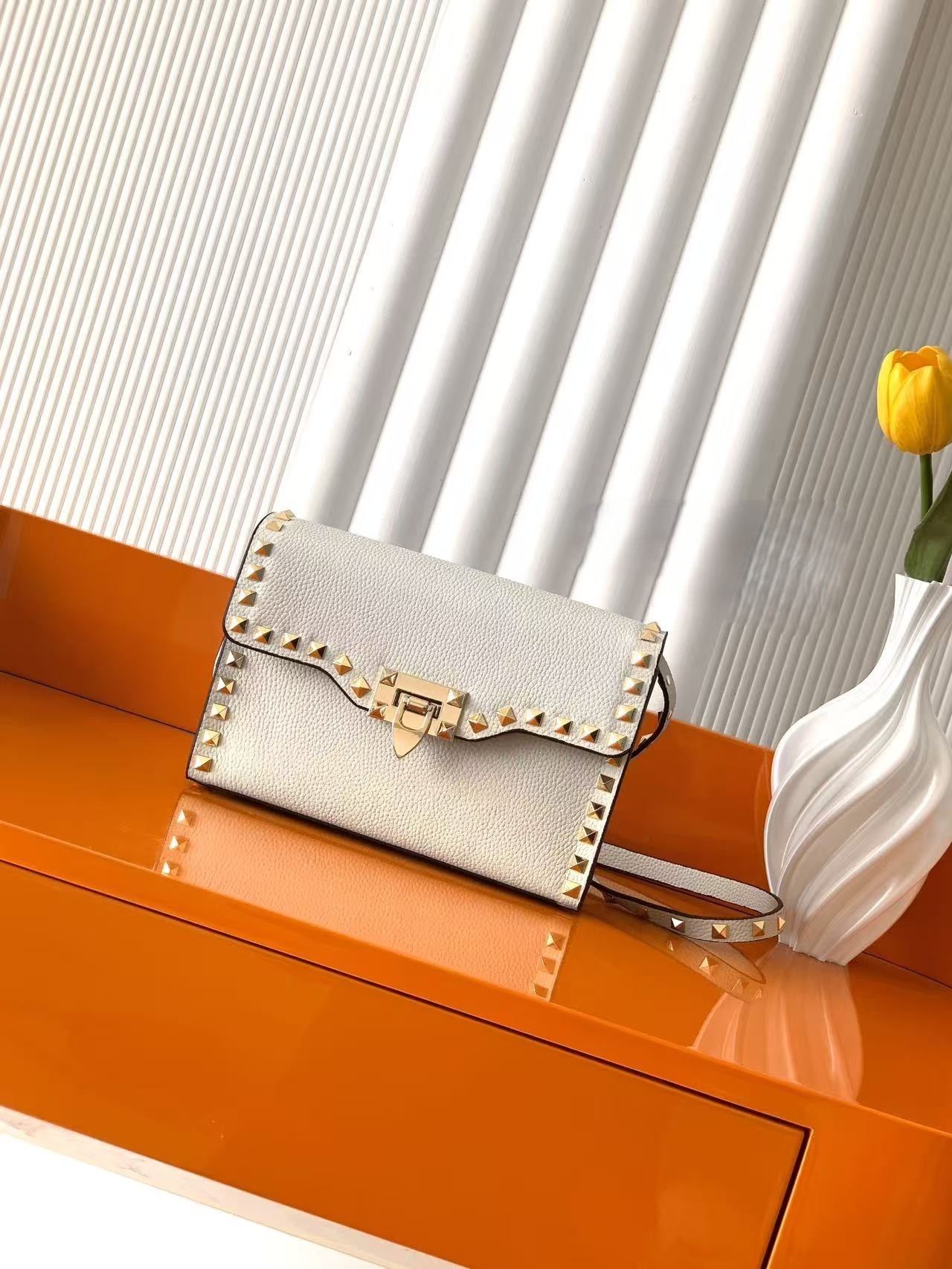 Valentino Rockstud Grained Leather Gold Studded Envelope Shoulder Crossbody Bag
