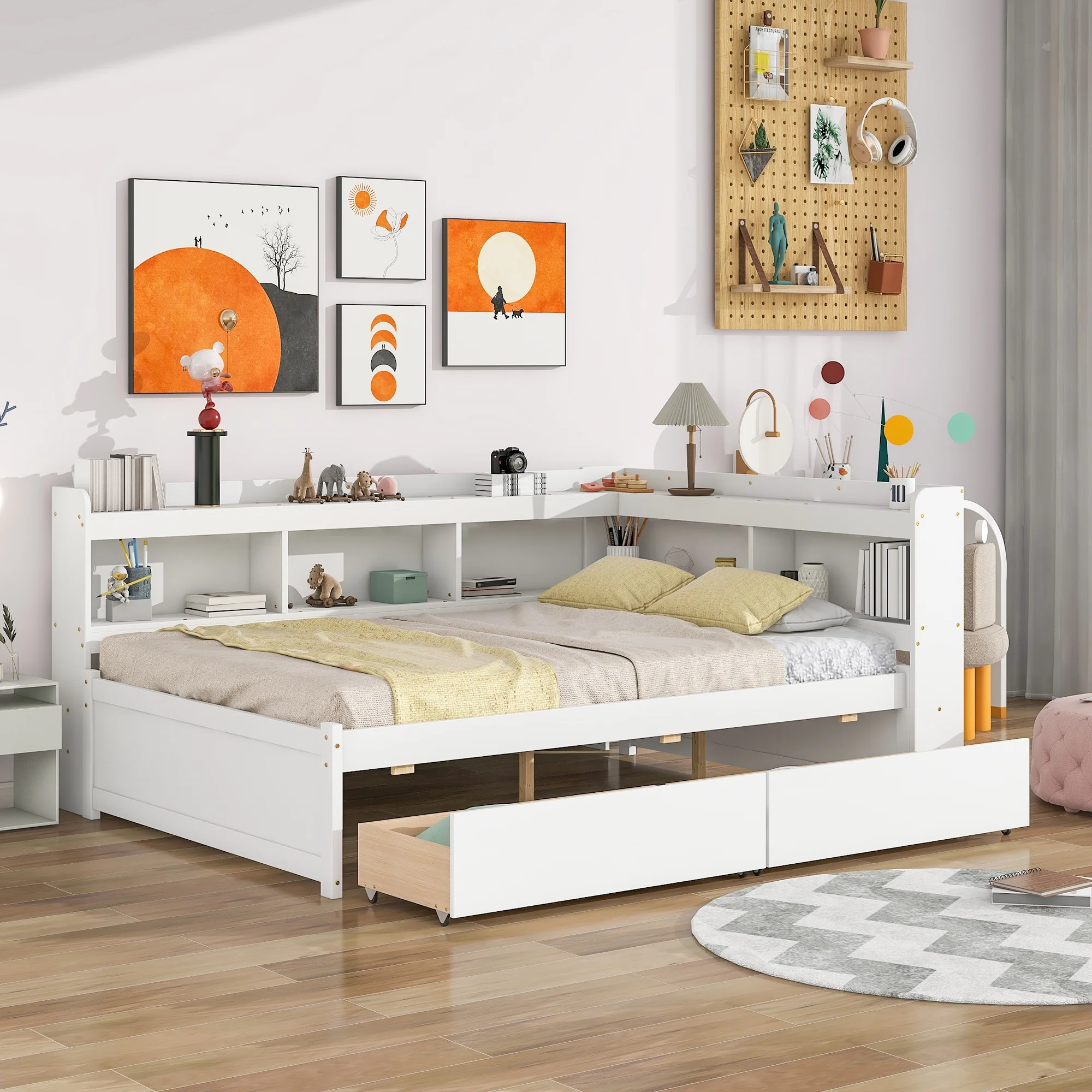 Paproos Full Modern Solid Wood Platform Bed with Storage Drawers, White