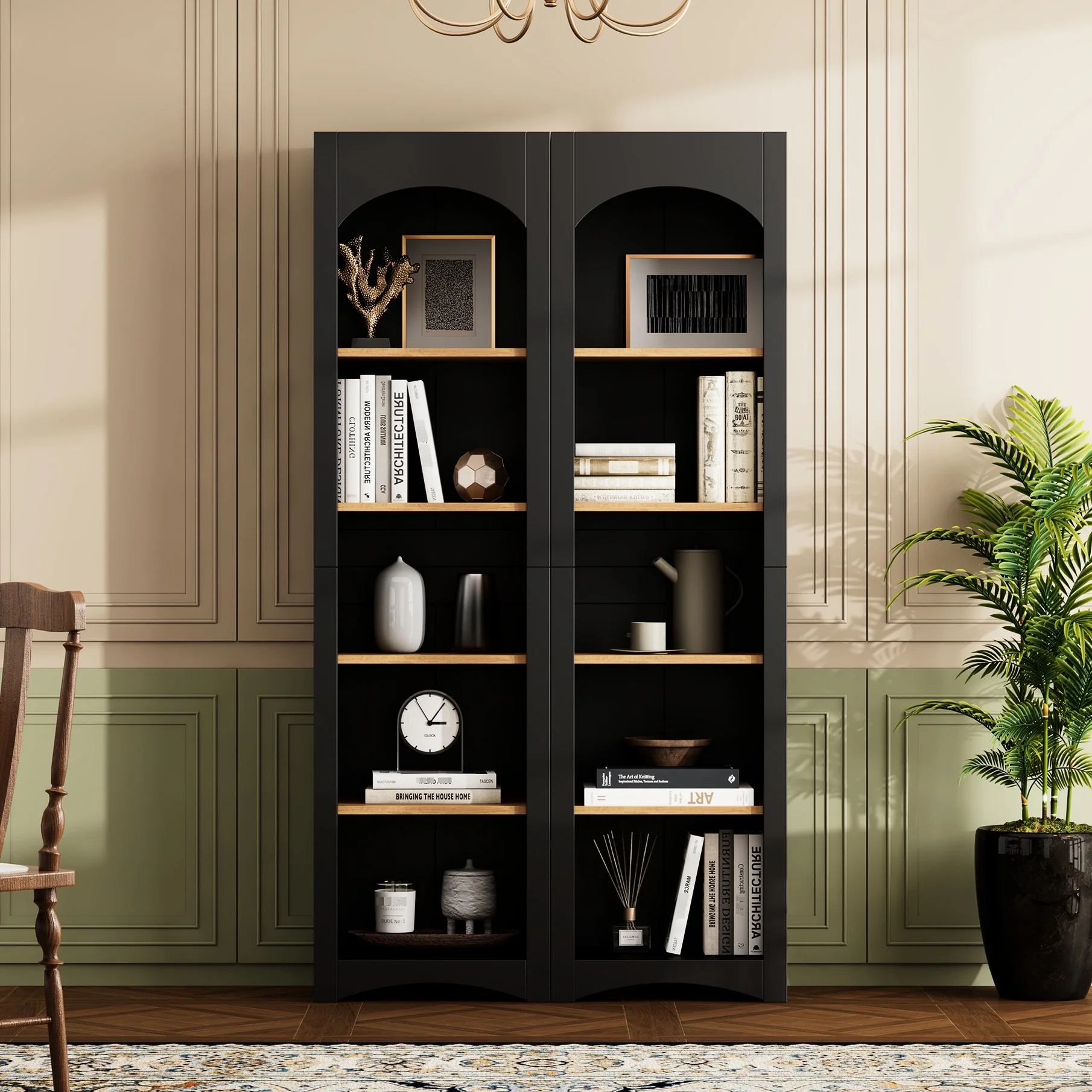 72"h Pantry Pair, 2 , Adjustable Shelves, , Black Finish 2 Bookcase , Cabinet With Vintage Style