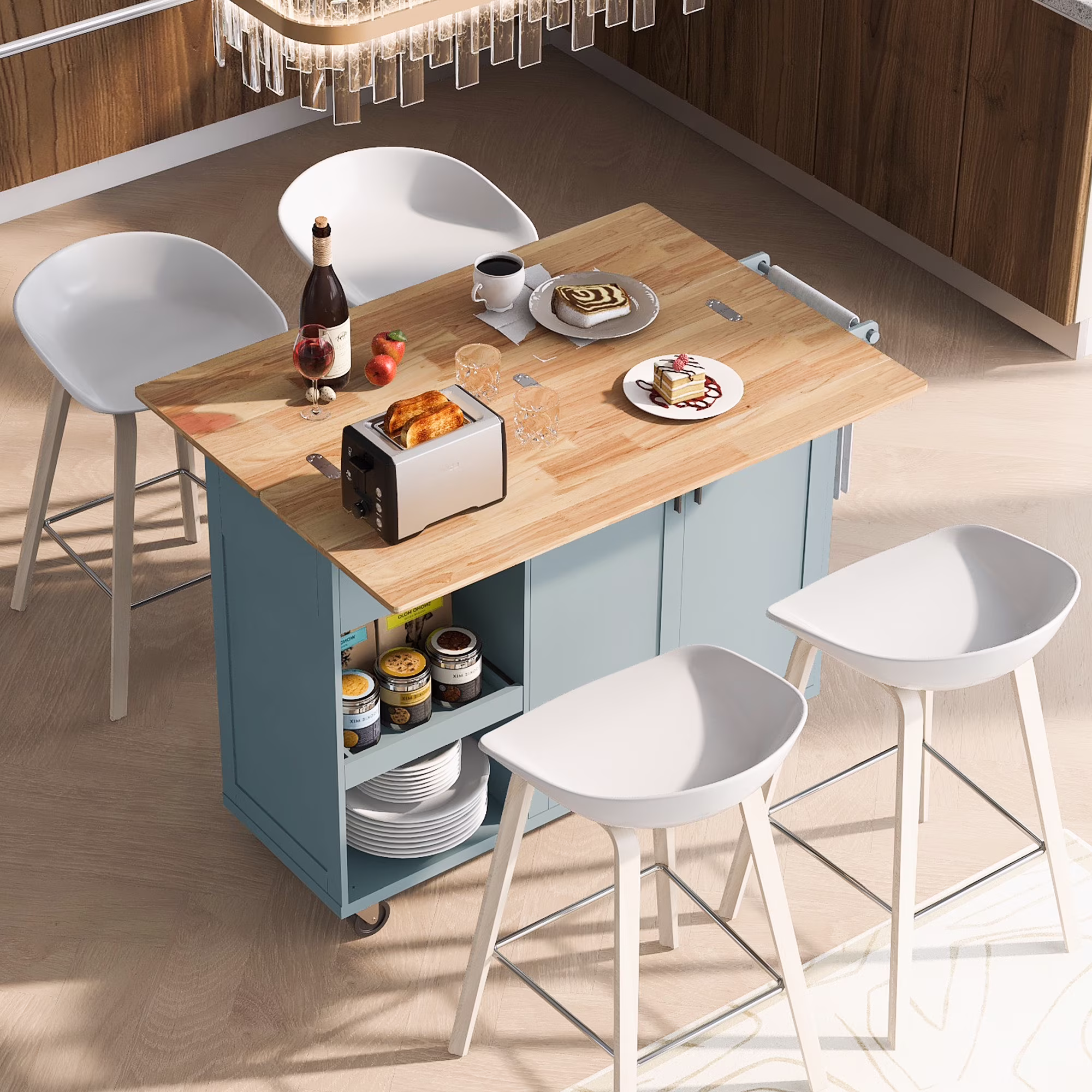 DEALTOPS 49"L Rolling Kitchen Island with Foldable Countertop, Kitchen Storage Cart with Slide-Out Shelf for Dining Room-White