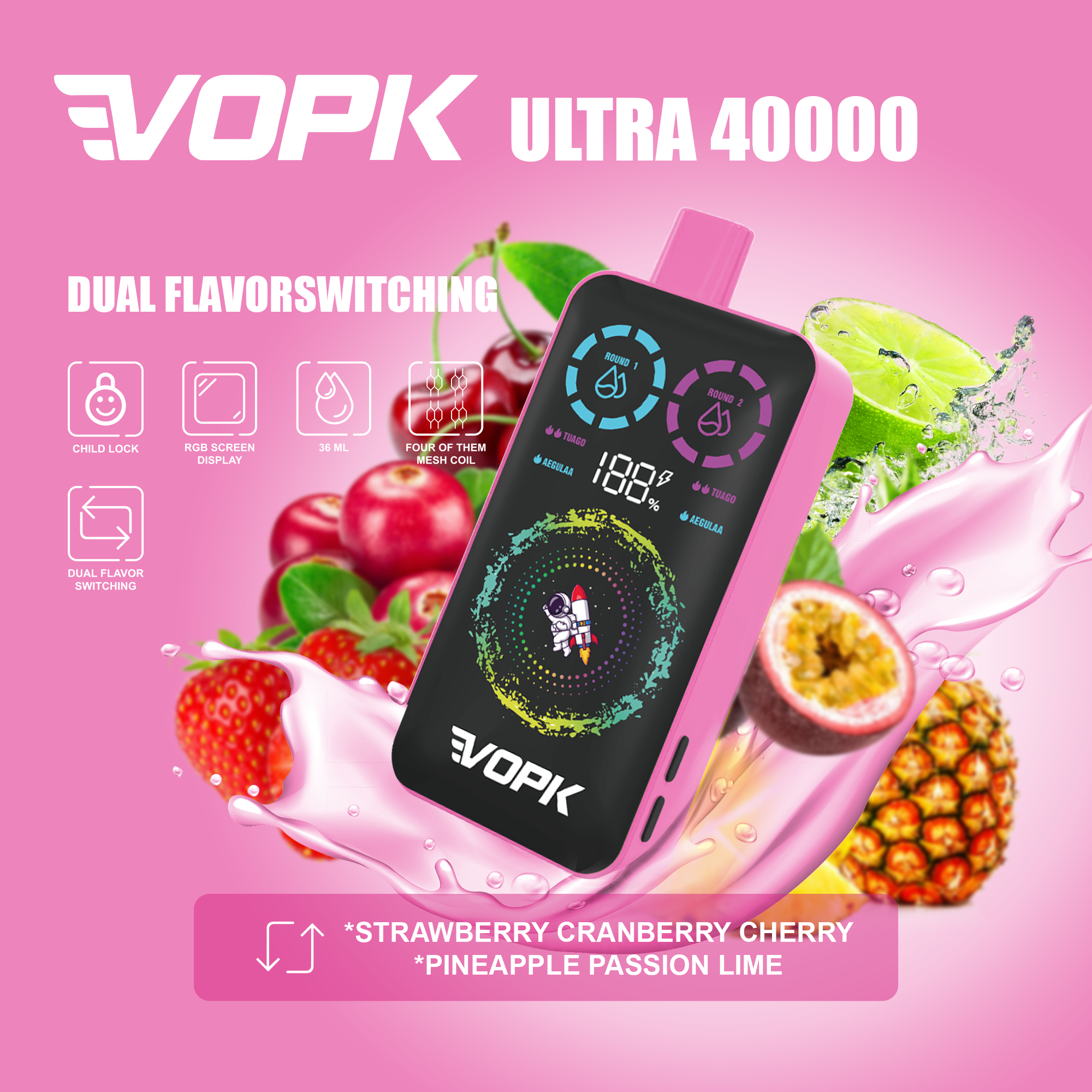 VOPK 40K PUFFS-PINEAPPLE PASSION LIME&STRAWBERRY CRANBERRY CHERRY