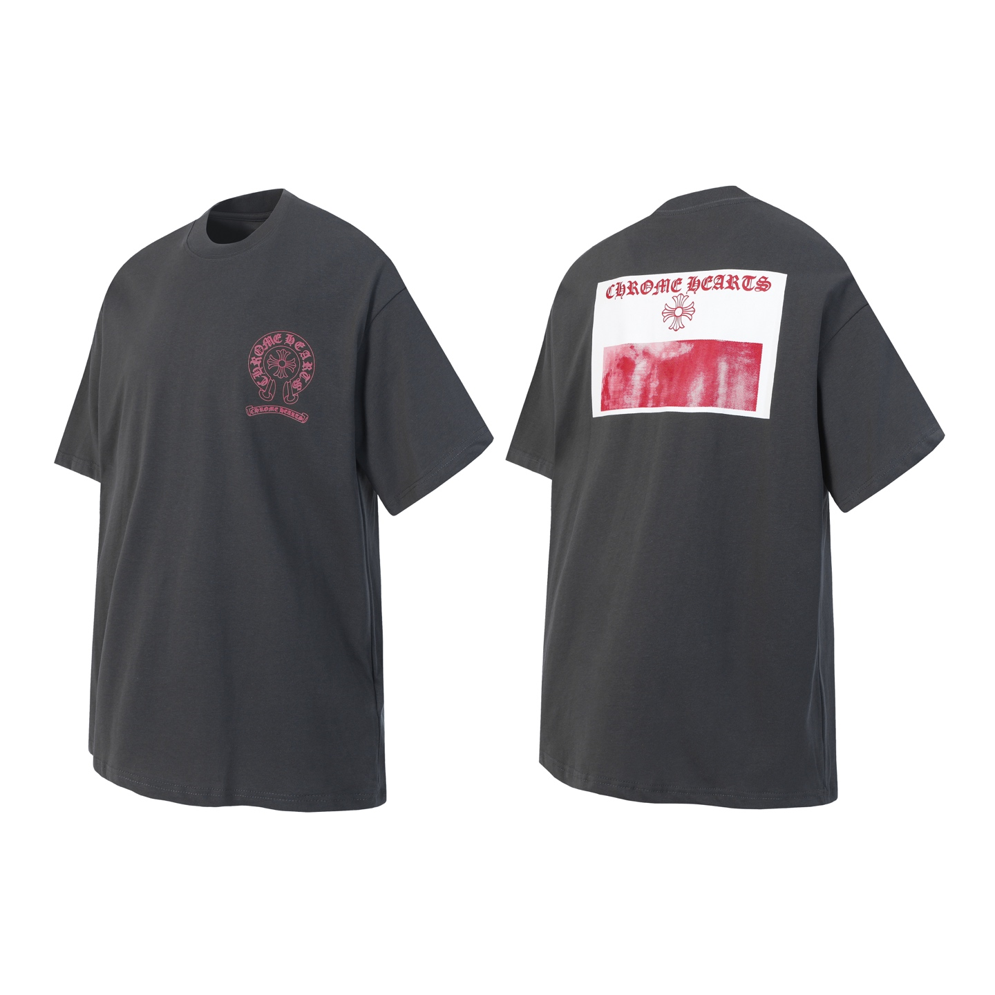 Red horseshoe-shaped Sanskrit printed washed black short-sleeved T-shirt