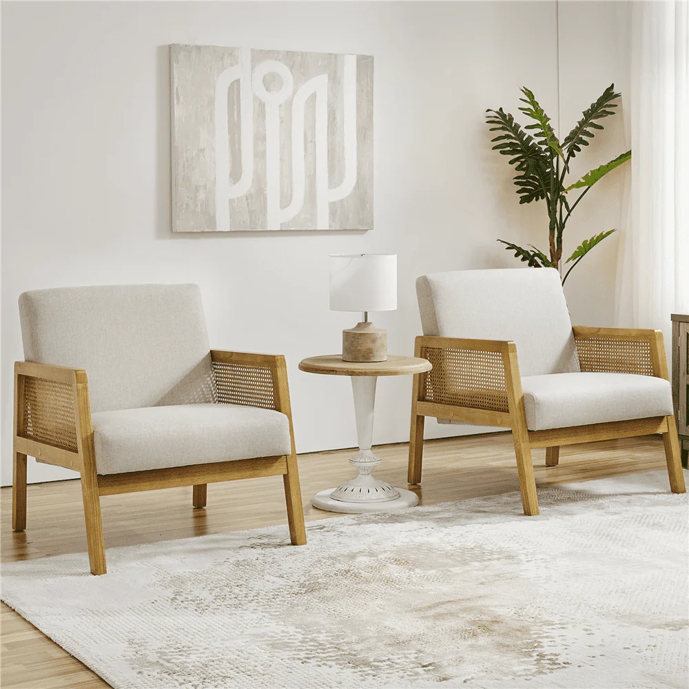 Easyfashion Upholstered Accent Chair with Rattan Sides for Living Rooms,Beige