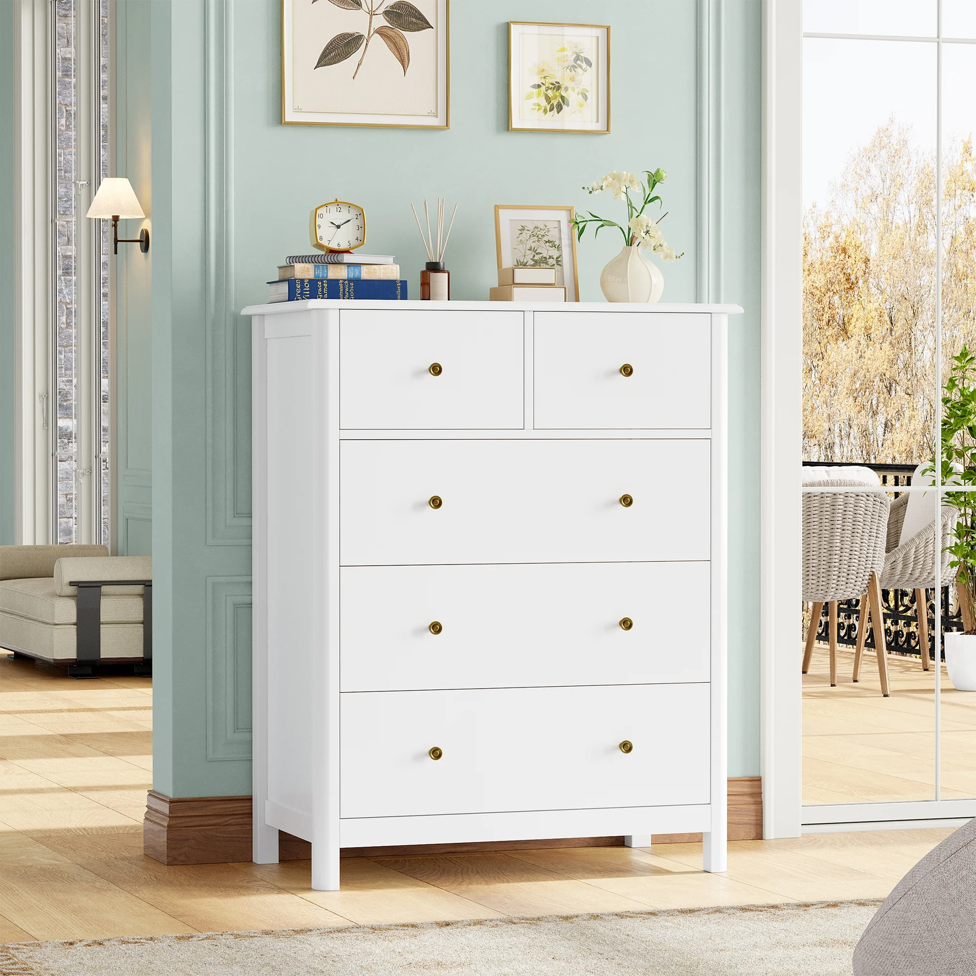 Homfa White Dresser of 5 Drawers, Dresser Chest with Easy Pull Handle for Bedroom