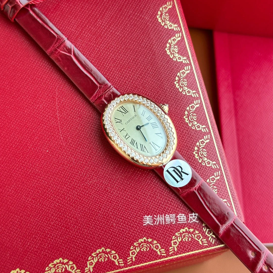 Cartier Watch Baignoire 23mm Pink Gold Case Diamond Bezel Red Leather Strap