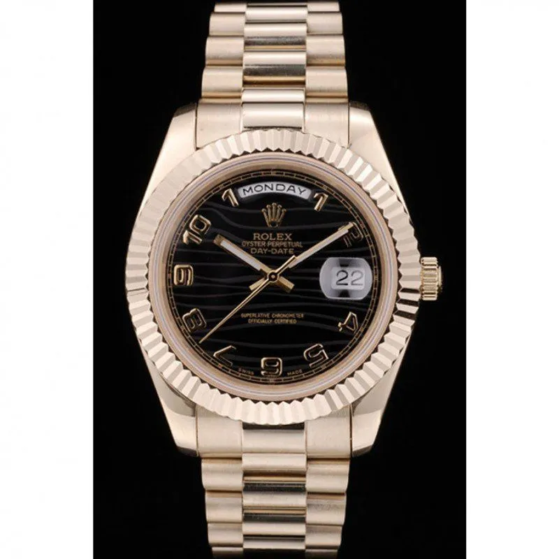 Swiss Rolex Day-Date Gold Stainless Steel Ribbed Bezel Black Dial 41998