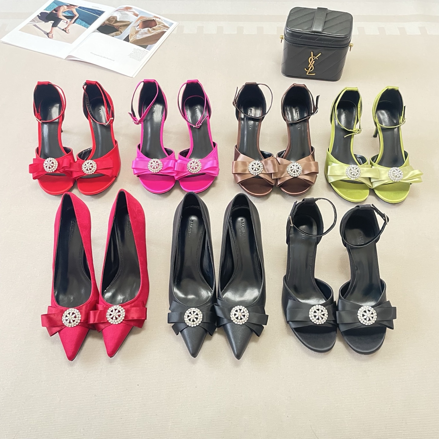Balenciaga Crystal-Embellished Bow Satin Heels