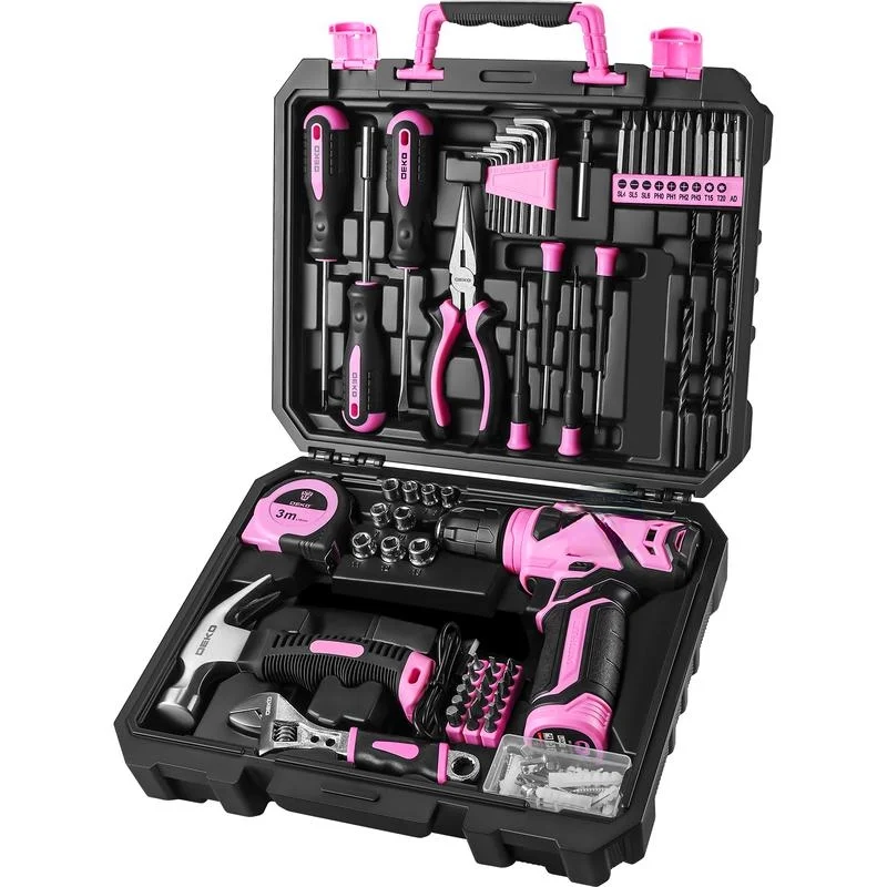 126-Piece Pink Household Tool Set with 8V Cordless Drill, Rechargeable Battery, All-in-One Compact Tools kit, Perfect , Ideal for Home Repairs & DIY Projects