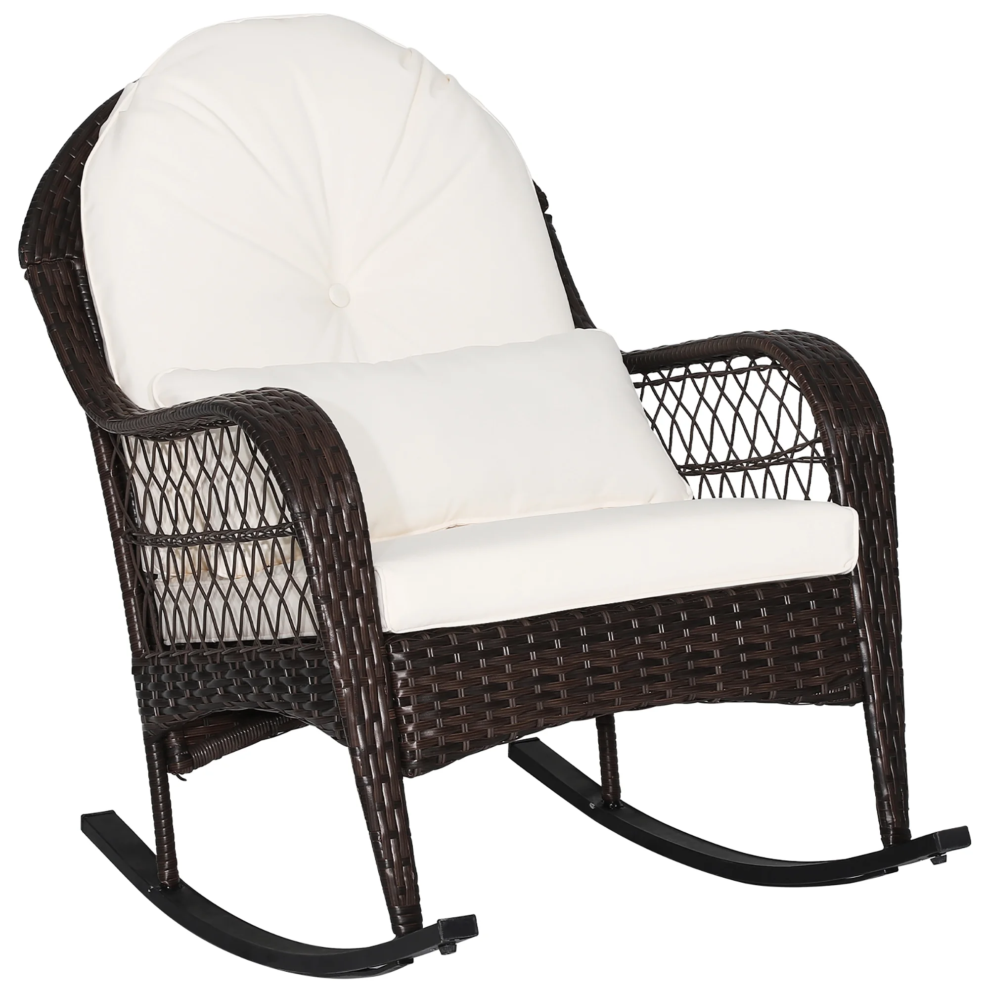 Costway Patio Wicker Rocking Chair W/Seat Back Cushions & Lumbar Pillow Porch Off White