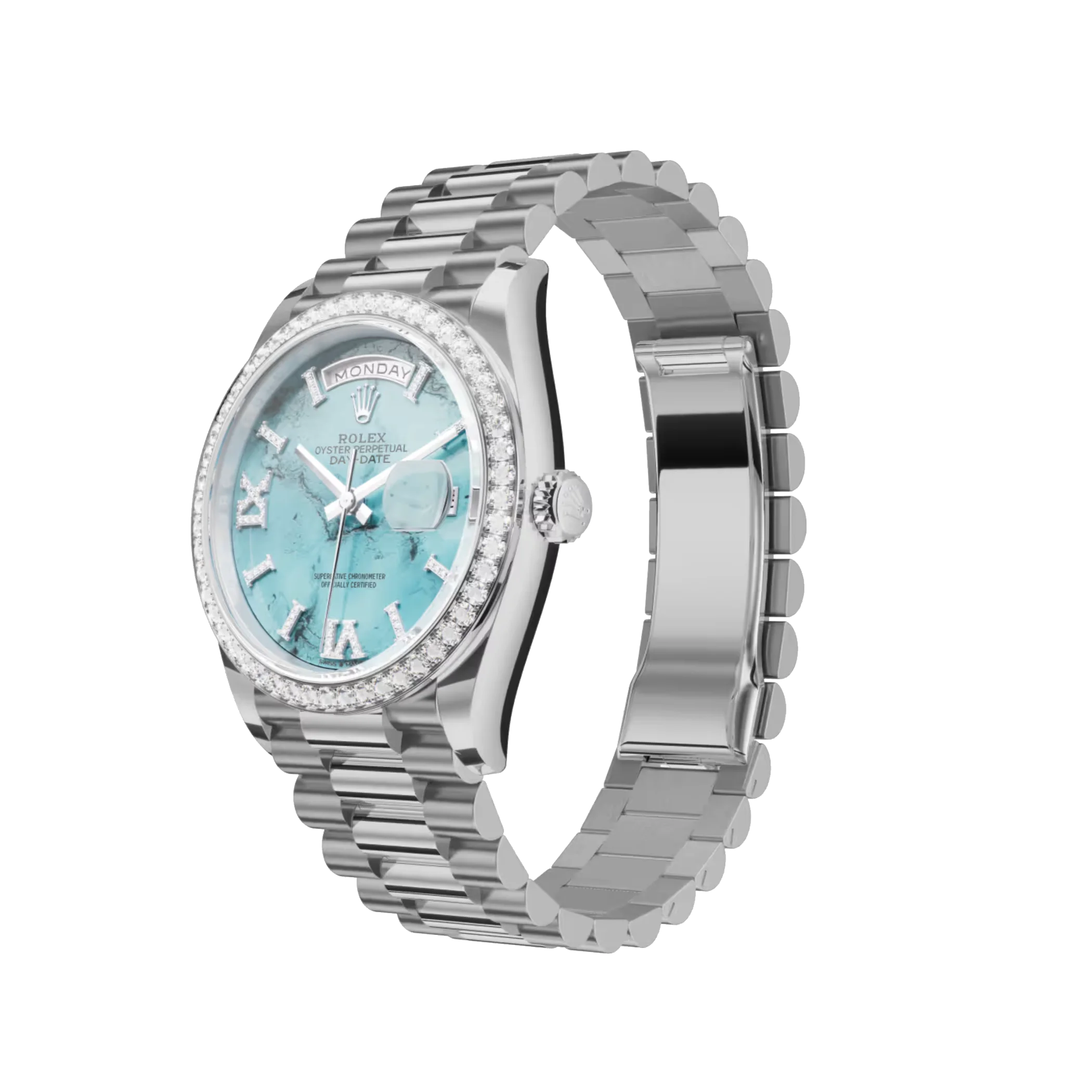 Rolex Day-Date: Turquoise, Diamond-set dial, Diamond-set bezel and a President bracelet, m128349rbr-0031