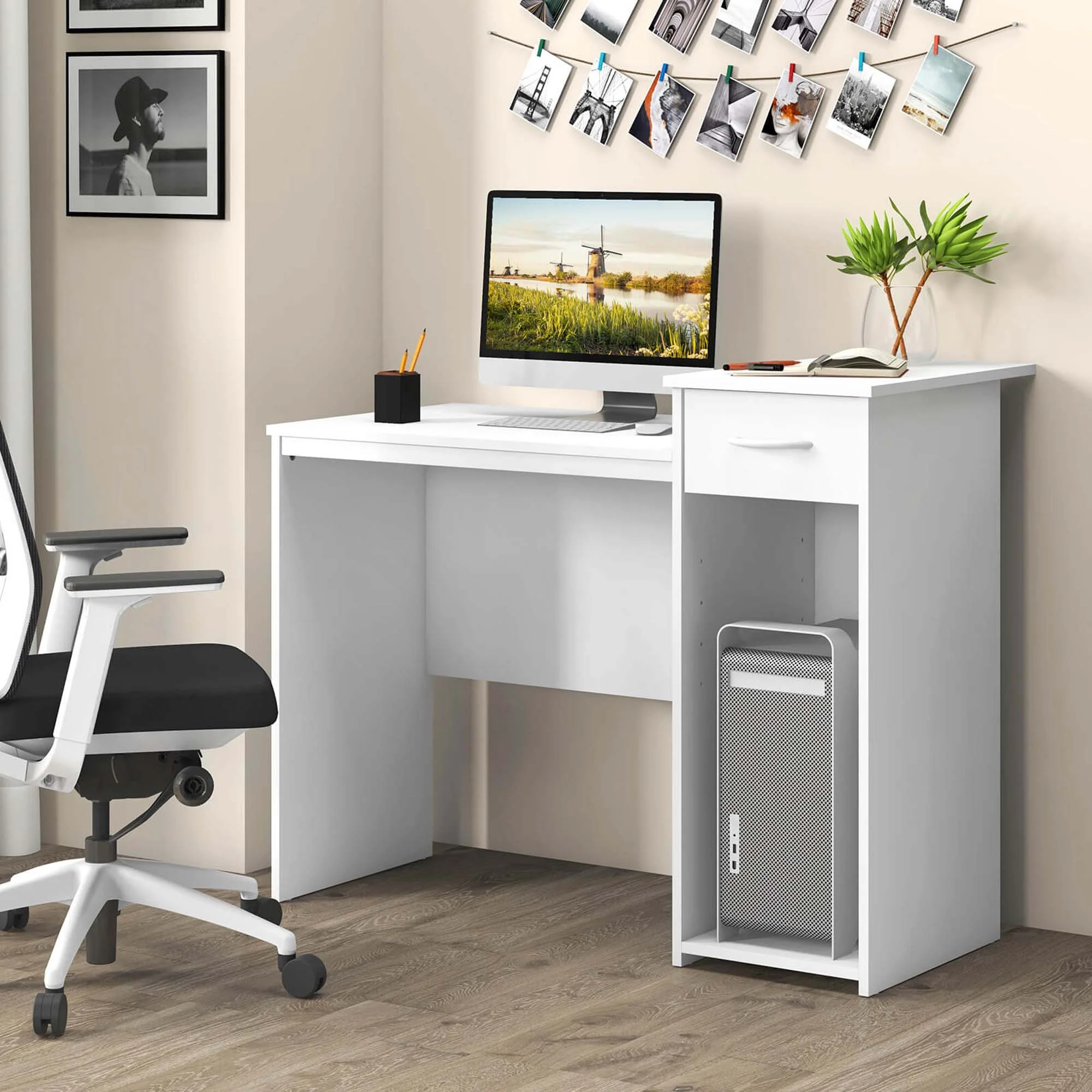 Costway Computer Desk with Drawer Modern Laptop PC Desk with Adjustable Shelf & Cable Hole