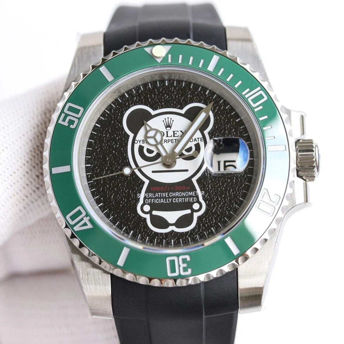 Rolex Watch SUBMARINER DATE 40MM CUSTOM STEEL GREEN BEZEL BLACK BEAR DIAL Watch