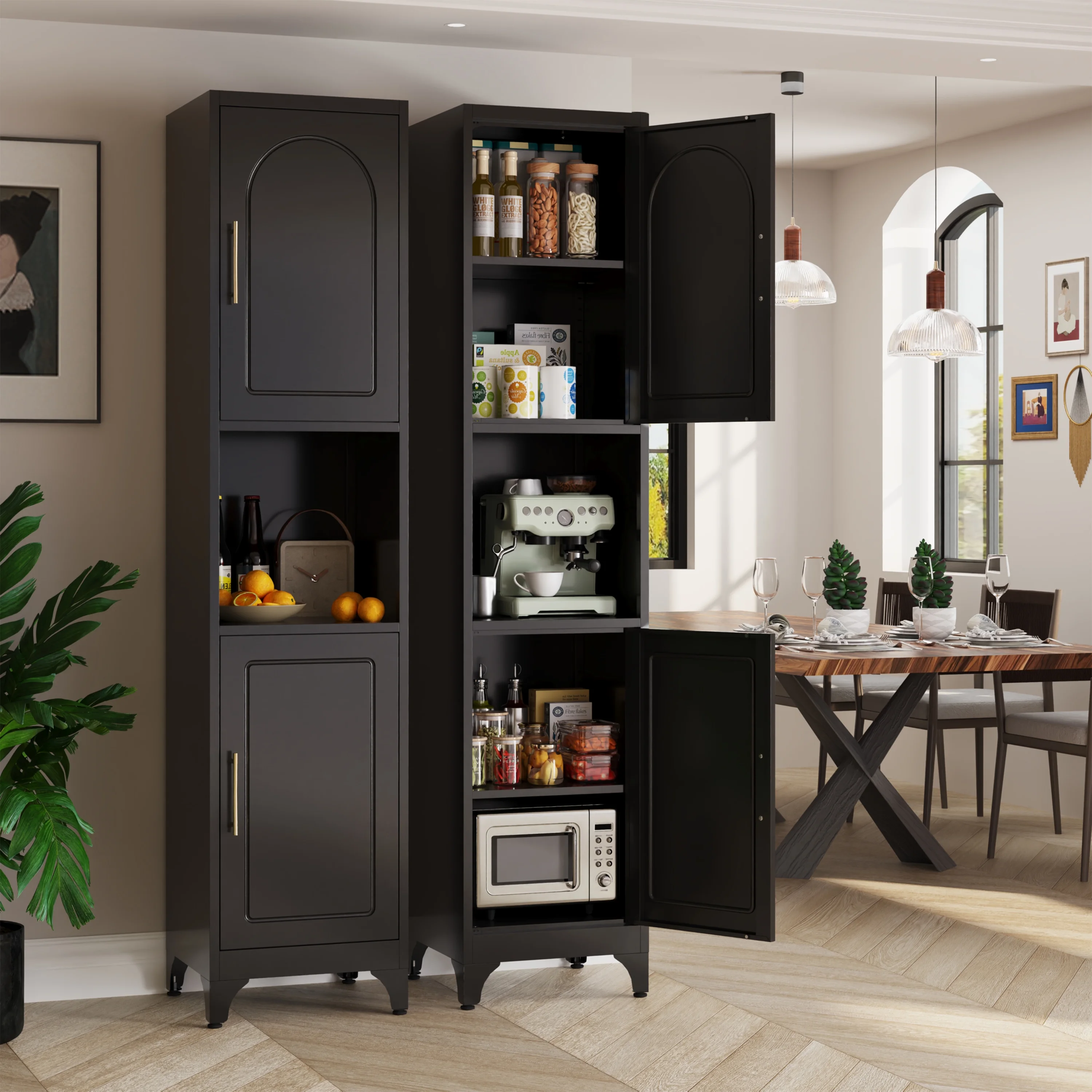 Polup 75" Tall Metal Homes Kitchen Storage Cabinets with Doors and Shelves, Modern Black