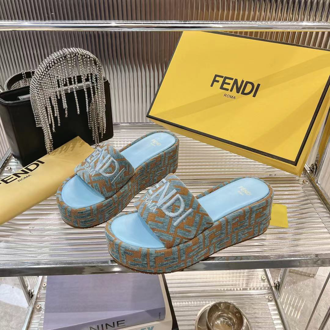 Fendi Baby Blue Open Toe FF Monogram Jacquard Canvas Platform Slippers