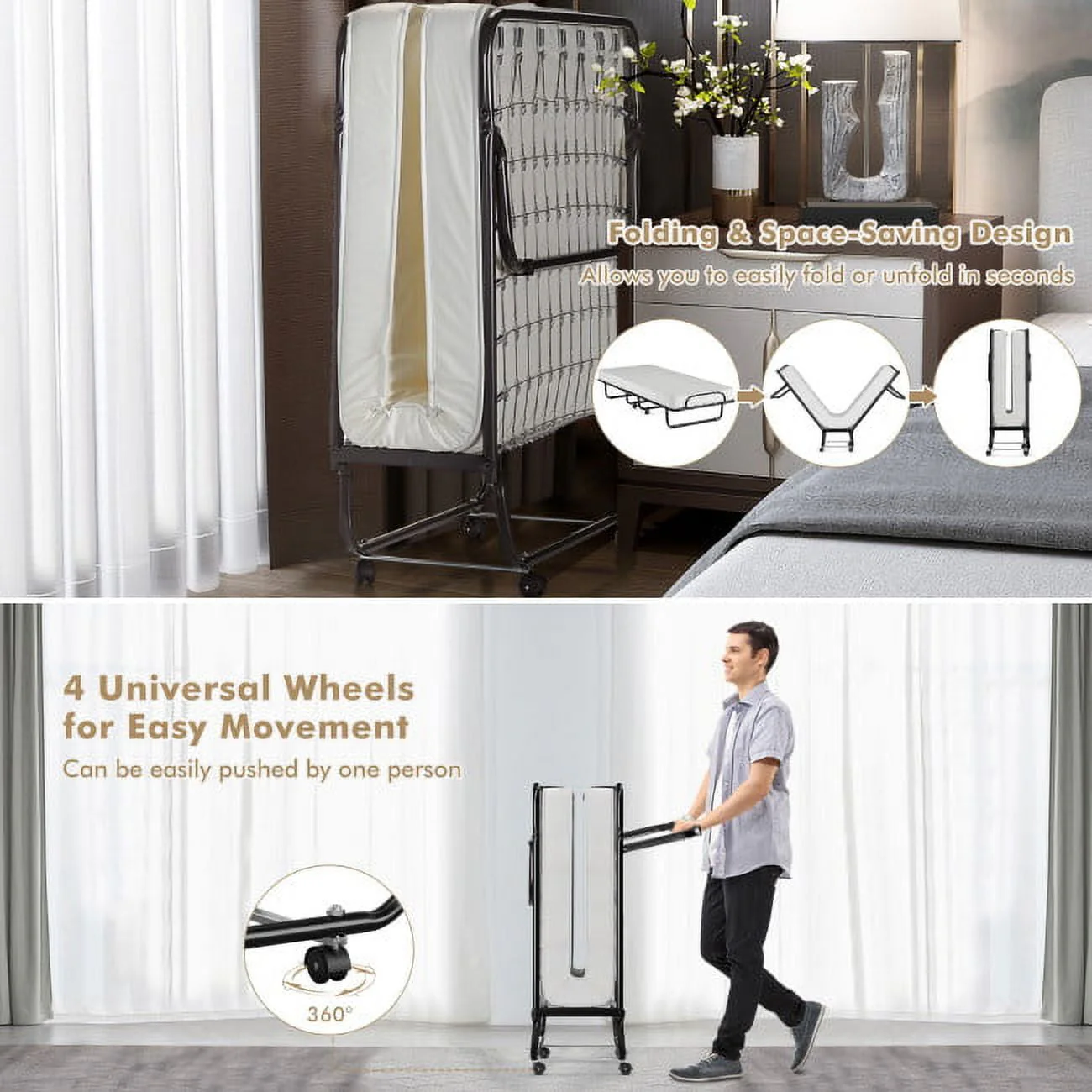 75" x 31" x 13" Folding Bed with Mattress, Rollaway Bed Metal Frame on Wheels, Portable Foldable Guest Bed for Adults, Cot Size Fold up Bed with Memory Foam Mattress