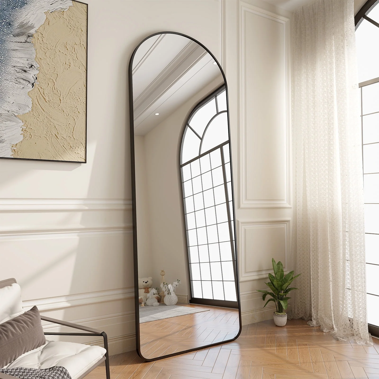 Full Length Mirror Standing Hanging or Leaning Against Wall 65" x 22" Rounded Arch Floor Mirror Full Body Mirror for Bedroom, Living Room , Black