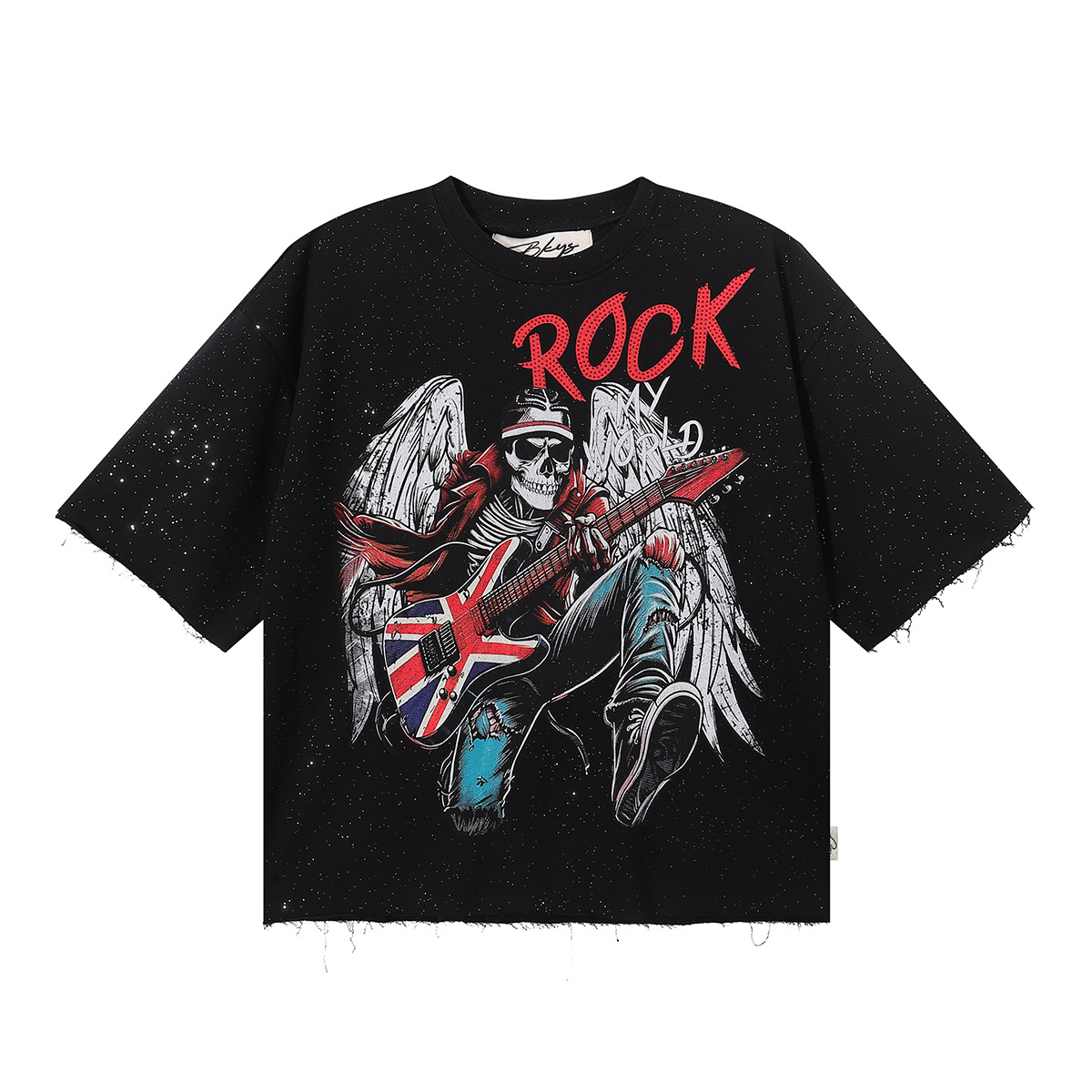 Skeleton with wings guitarist print short-sleeved shirt