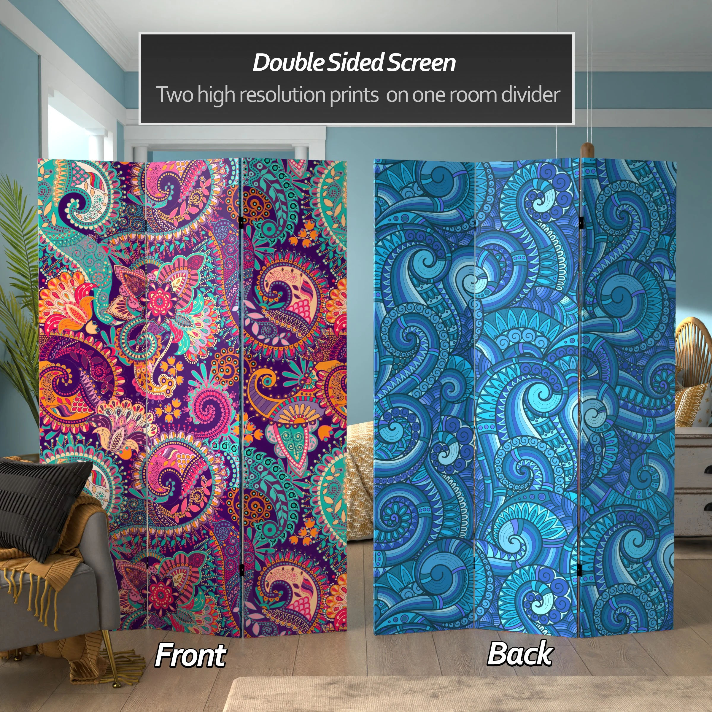 Oriental Furniture 6 ft. Tall Psychedelic Wallpaper Canvas Screen - 3 Panel