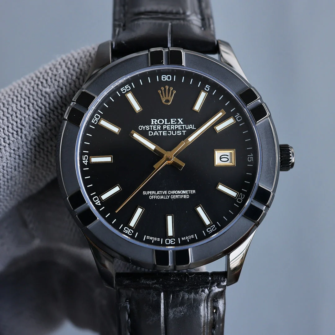 Rolex Watch 25 Datejust 40mm Black White Calfskin Belt