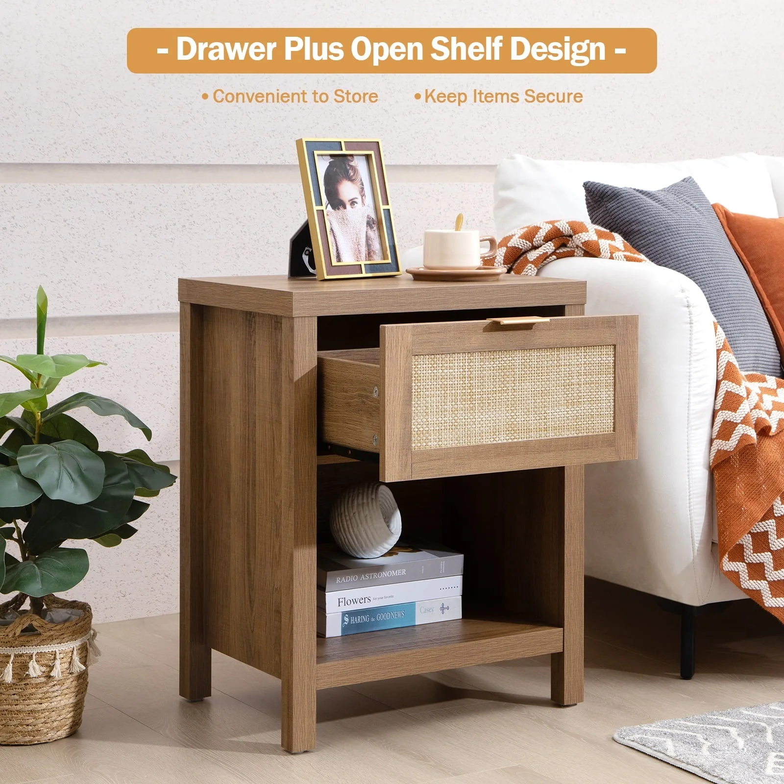 Omni House Rattan Nightstand Set of 2,Farmhouse Bedside Table with Drawer and Storage Shelf - Boho Side Table Night Stand for Bedroom or Living Room