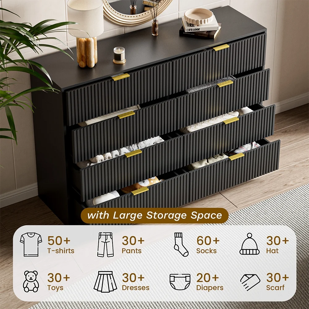 Furniway Black Dresser for Bedroom, 8 Drawer Double Dresser, Modern Chest of Drawers for Bedroom, Living Room, Entryway and Closet, 55