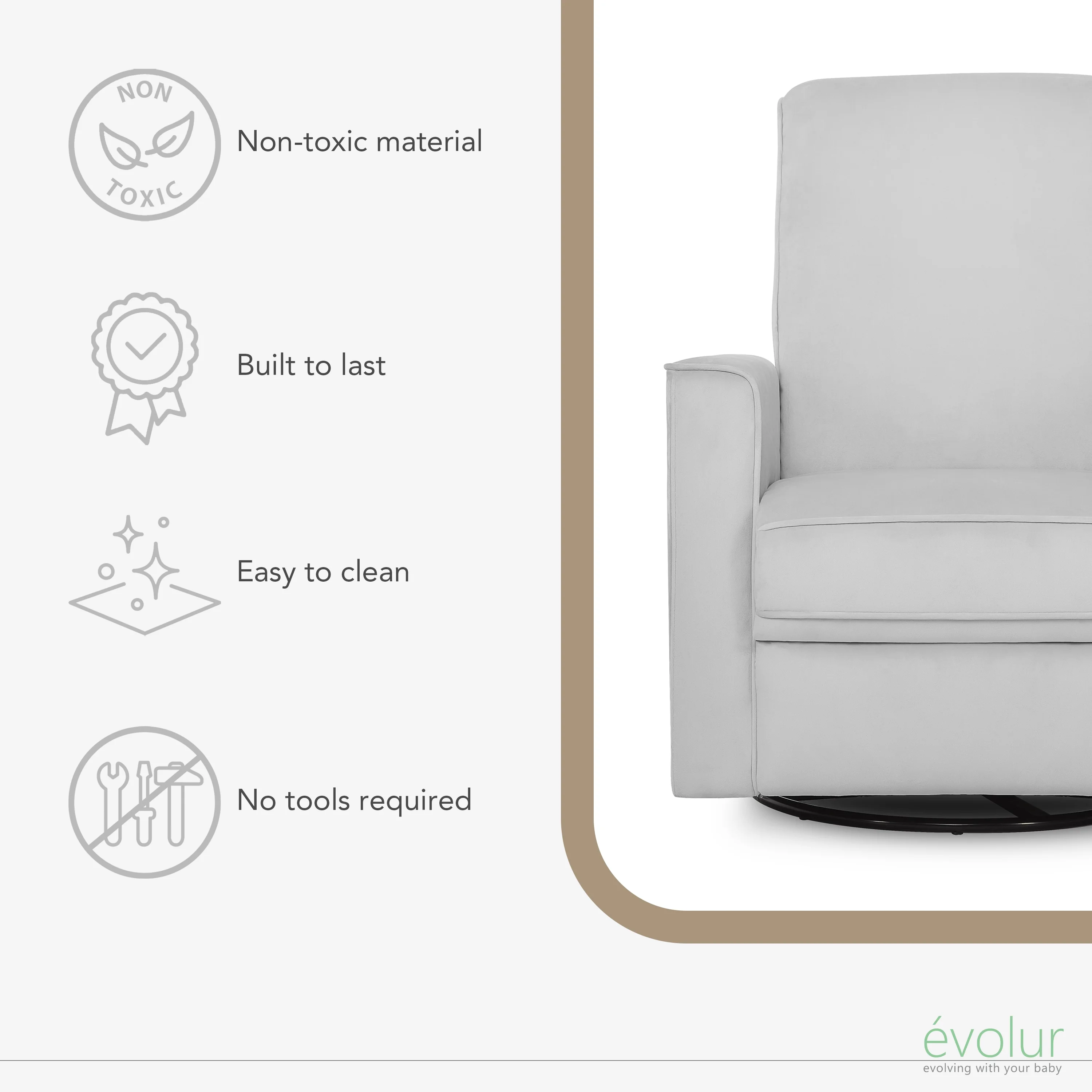 Evolur Raleigh Nursery Glider Recliner and Rocking Chair in Gray, 360? Swivel Motion, Multiple Recline Positions, Easy to Clean, FSC and Greenguard Gold Certified