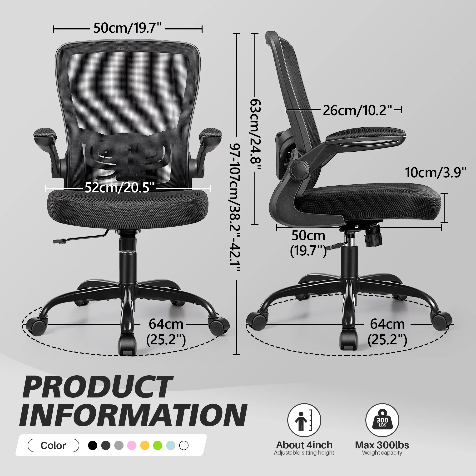 COOLHUT Ergonomic Office Chair, 400LBS Task Chair, Comfort Desk Chair with Adjustable Lumbar Support and Flip up Arms, Black