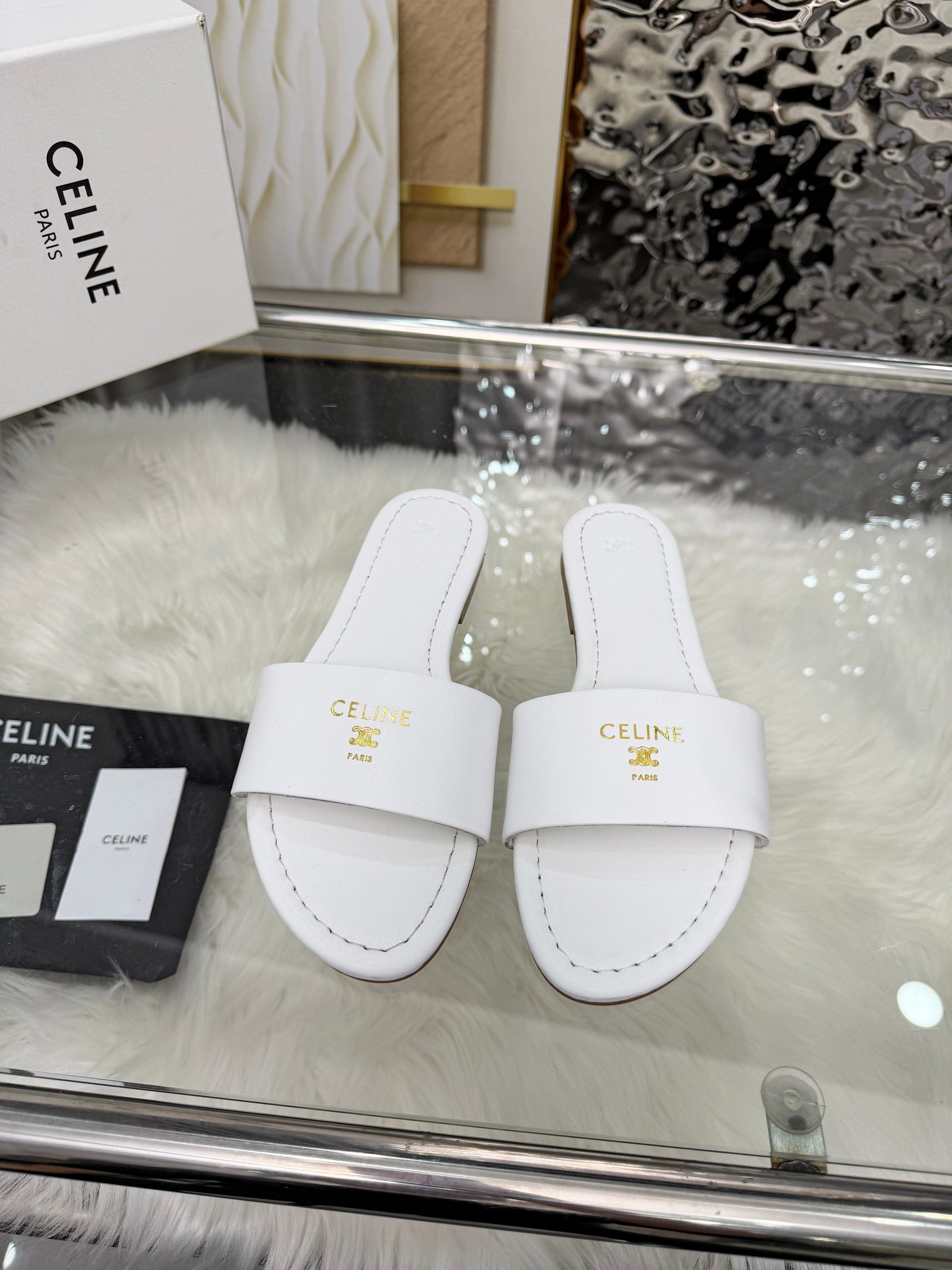 Celine Essentials Gold Stamped Logo Colorful Leather Flat Slides