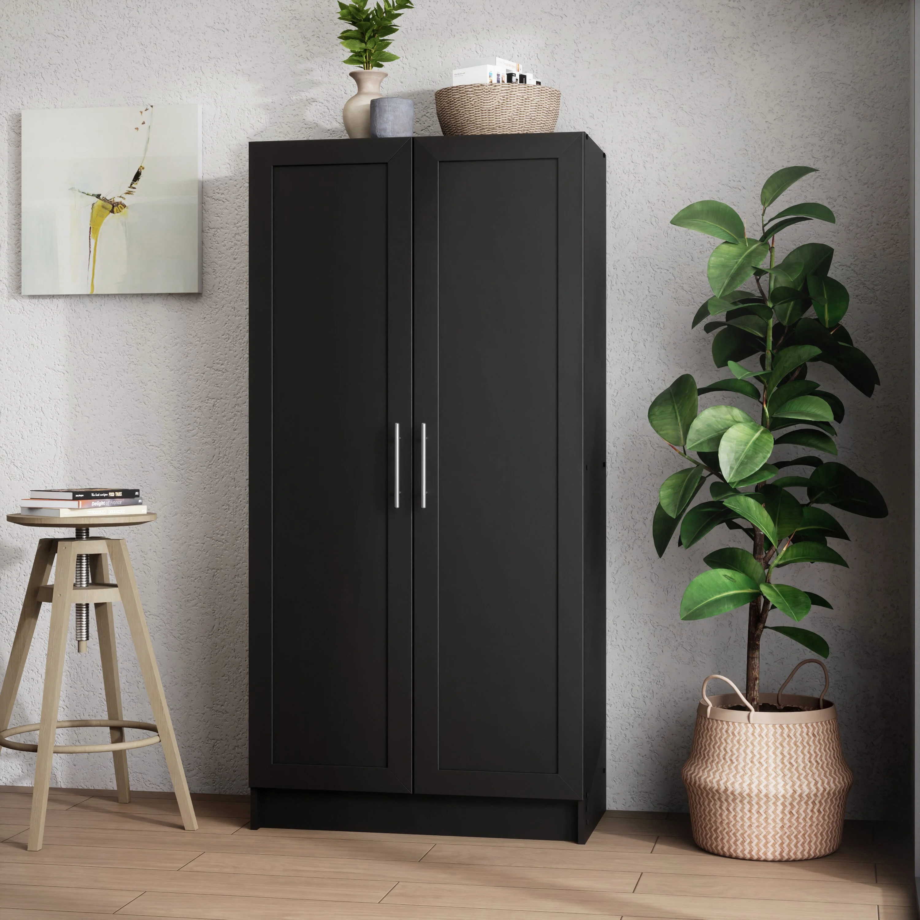 Prepac Elite Accent Cabinet with Panel Doors, Black Storage Cabinet, Bathroom Cabinet, Pantry Cabinet with 3 Shelves 16.75" D x 32" W x 65" H, BSCR-1001-1