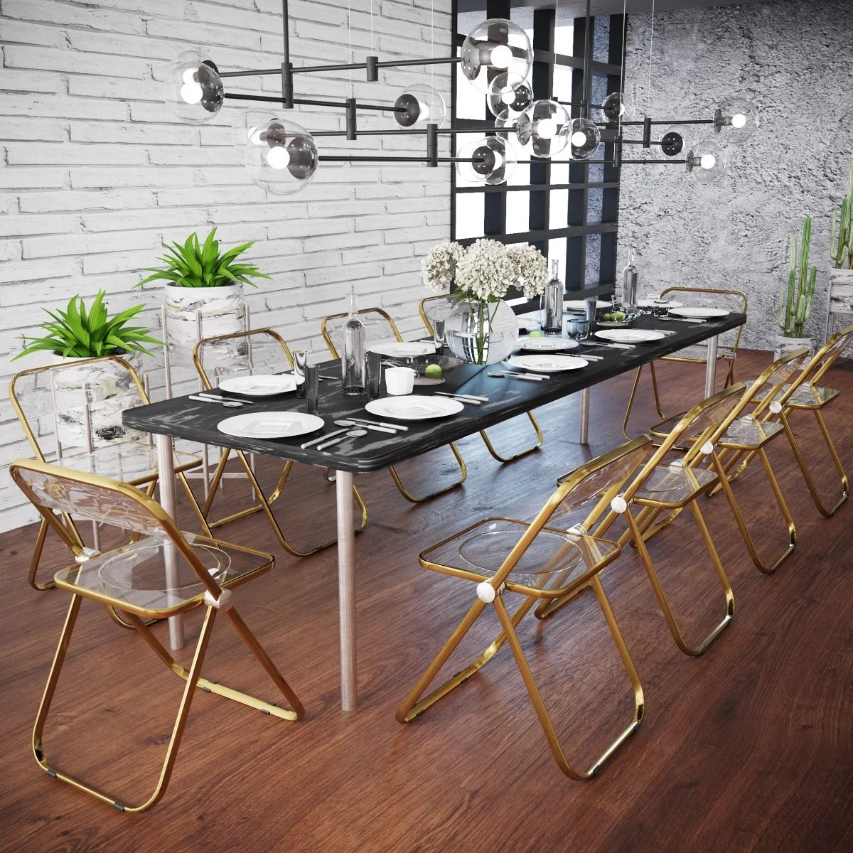 LeisureMod Lawrence Modern Acrylic Folding Chair With Gold Metal Frame Set of 2 in Amber