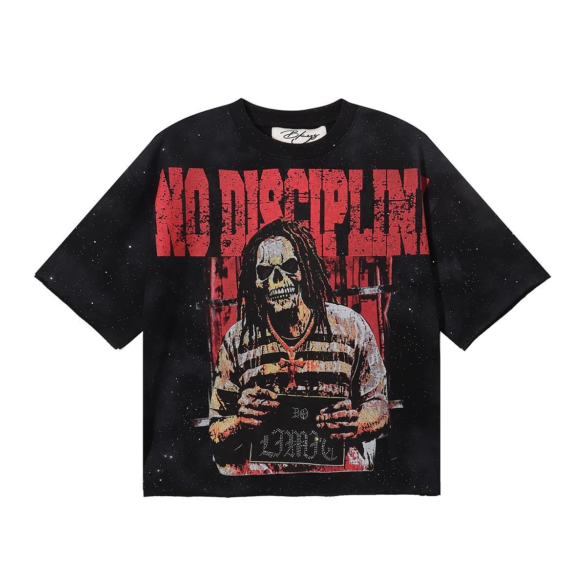 Black American-style cross with vintage print short-sleeved shirt