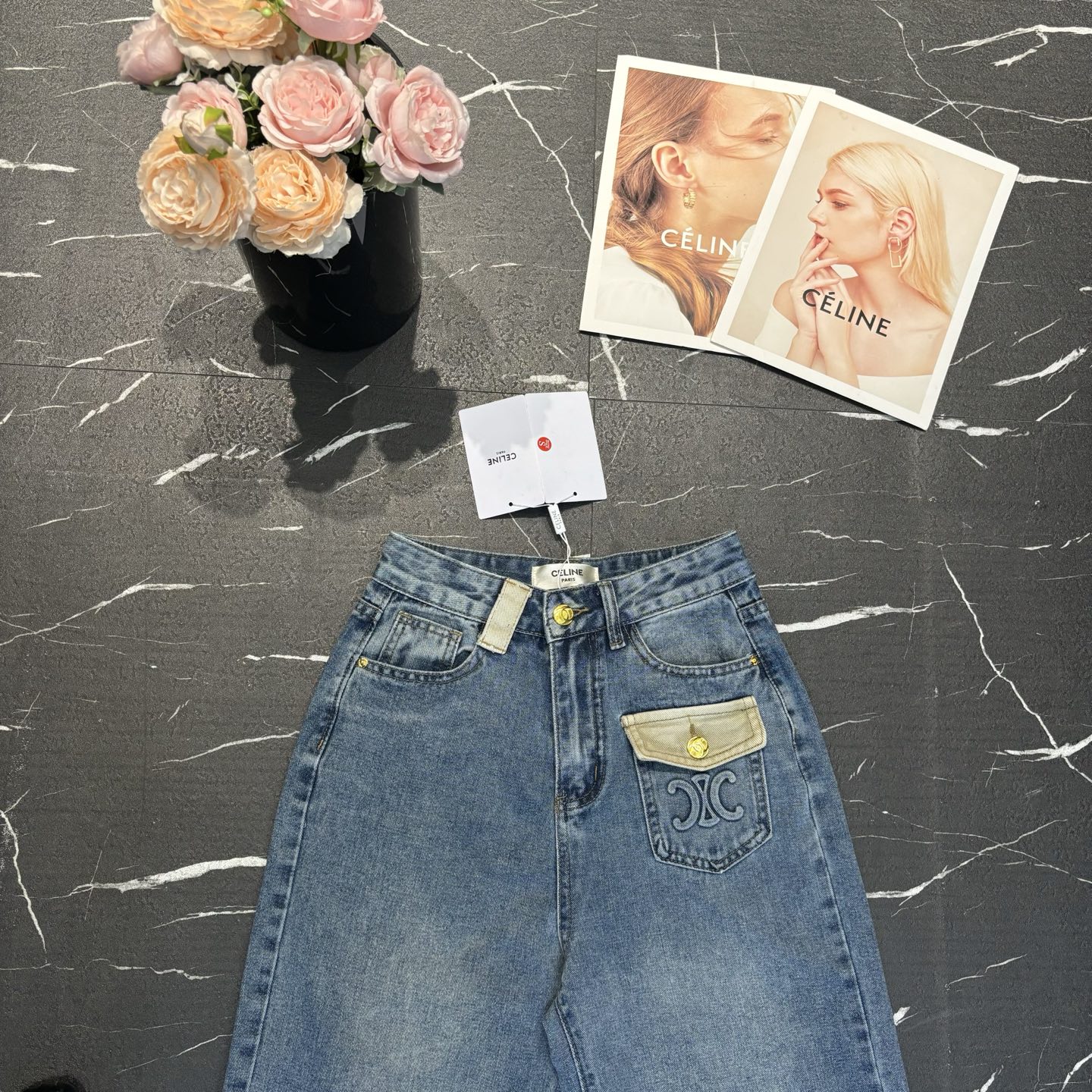 Celine Style Contrast Flap Pocket Denim Pants